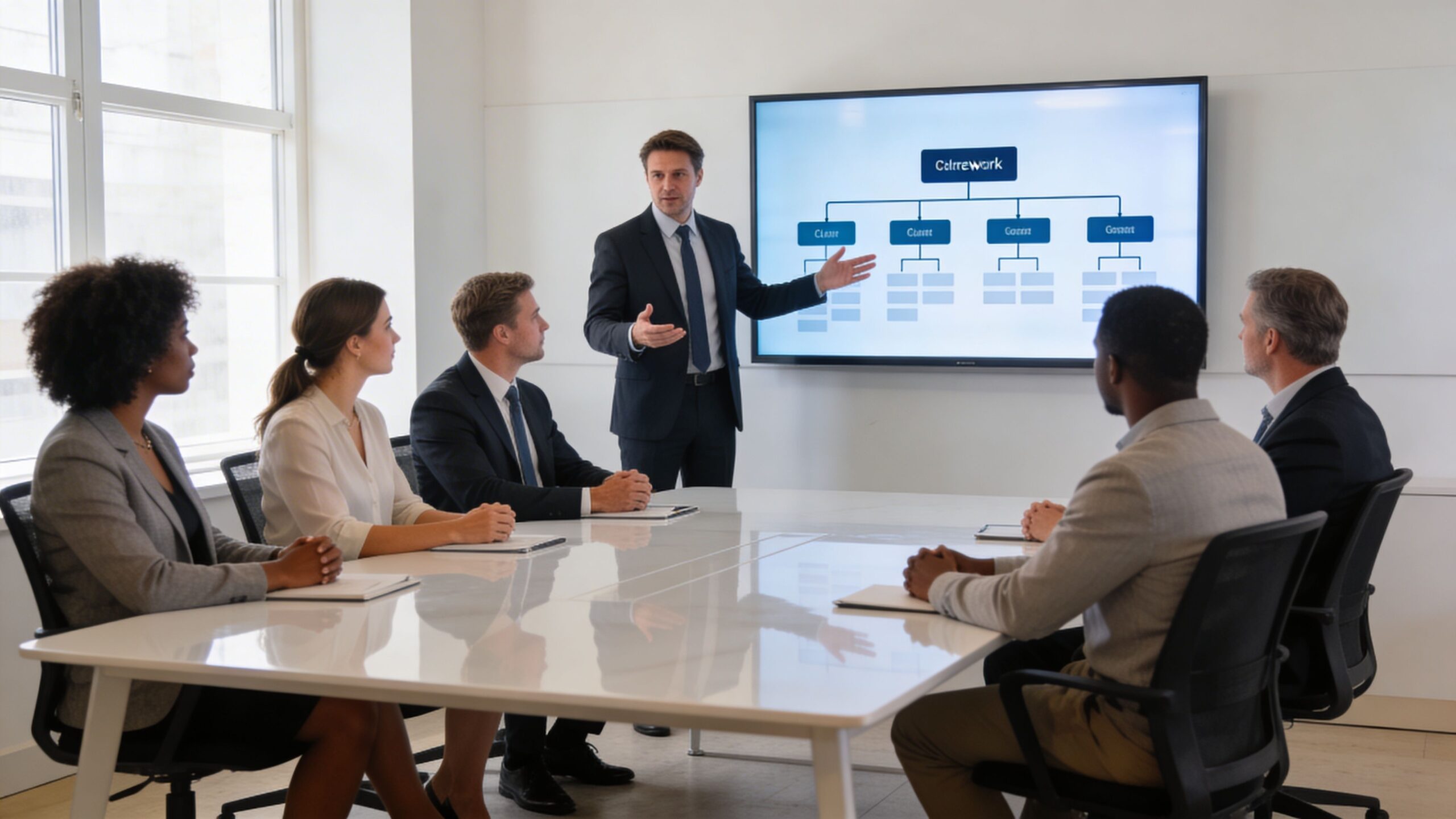 A professional man presents an organizational chart to a diverse group of colleagues in a bright boardroom.