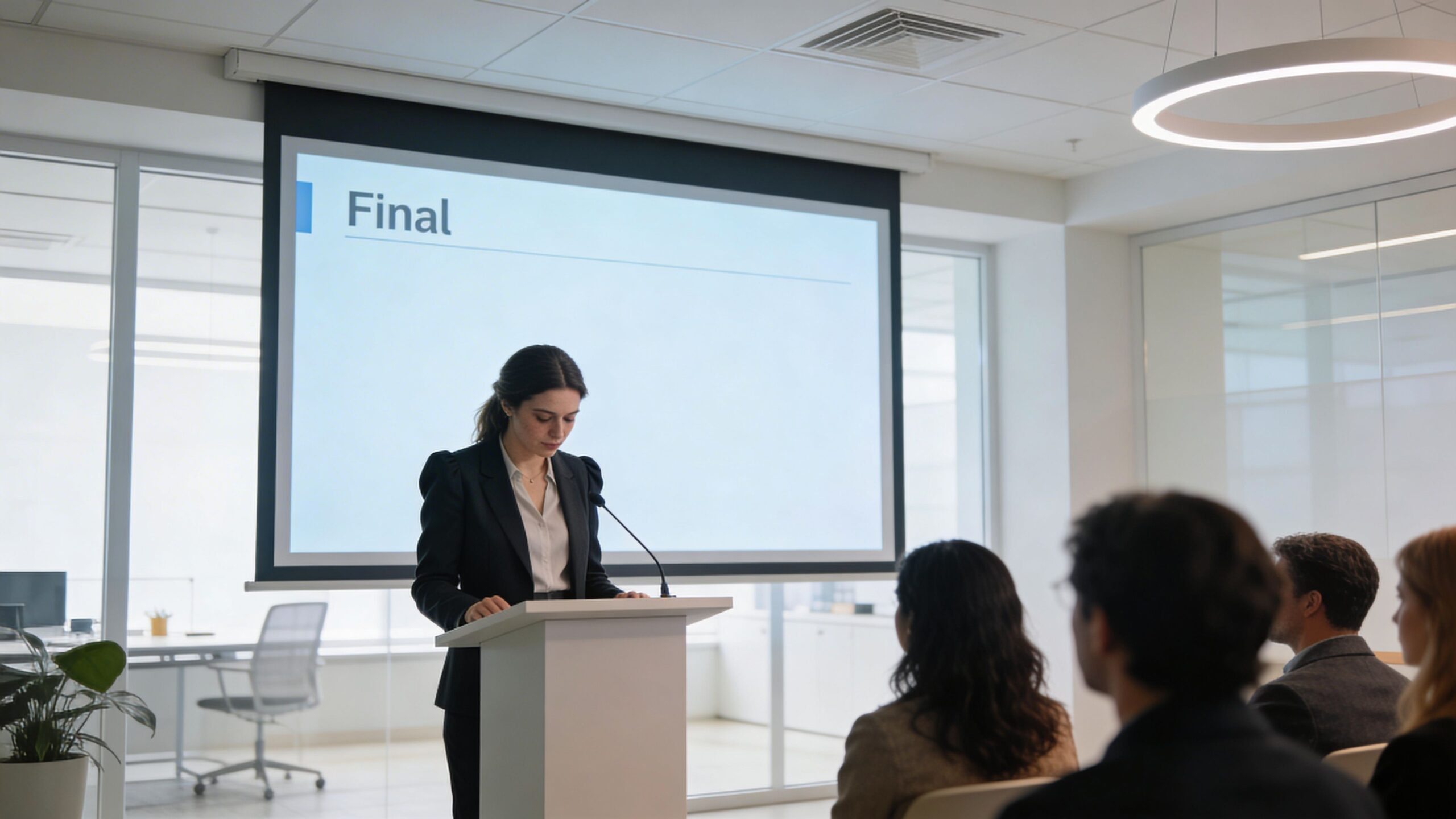 A businesswoman presenting during a professional meeting with a screen behind her displaying the word Final.