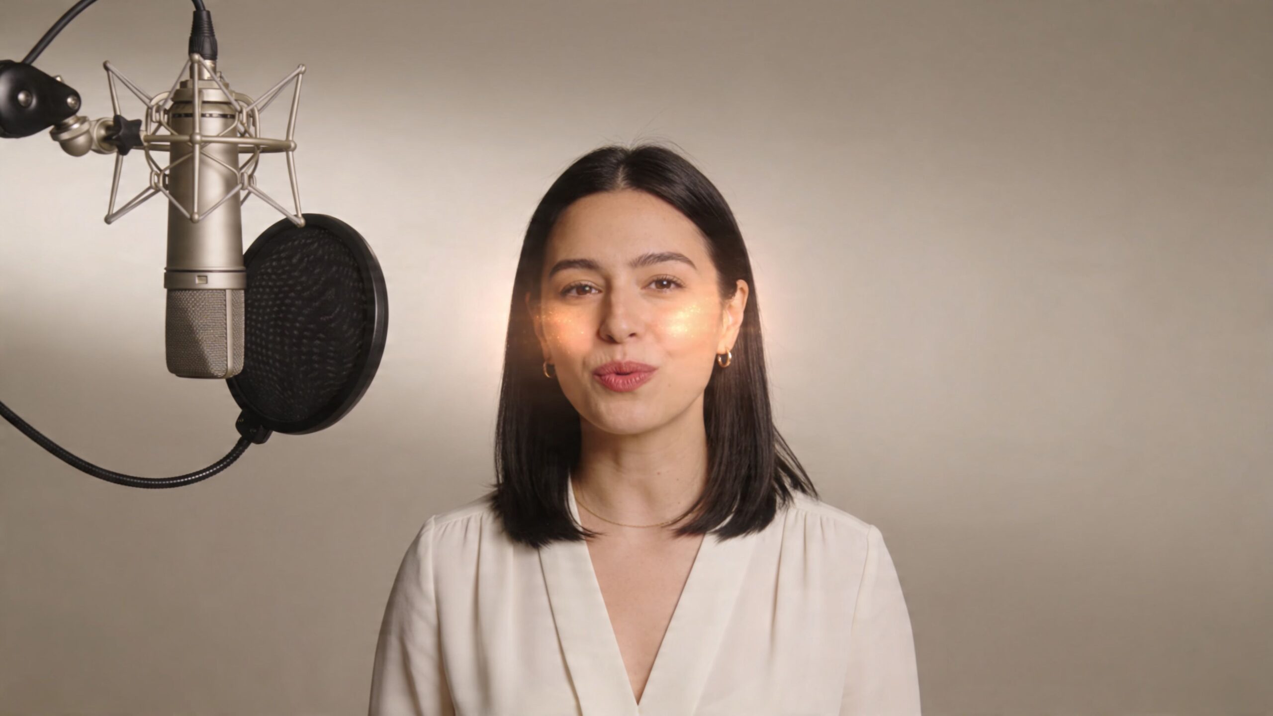 A young woman speaking clearly into a studio microphone, demonstrating professional vocal warm-up exercises for vocal chords.