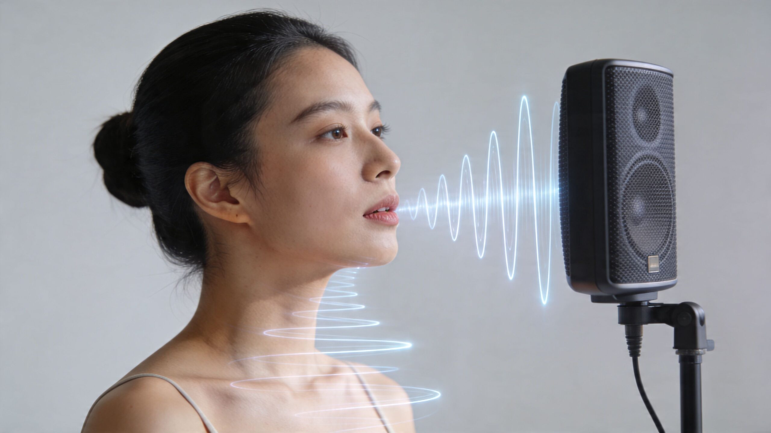 A young woman performs vocal cord exercises into a studio microphone to improve her singing voice technique.