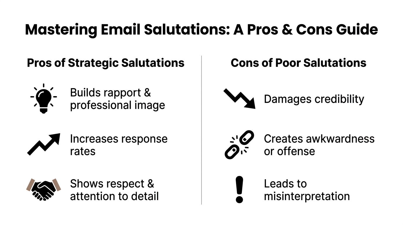 A chart illustrating the benefits of using professional email salutations versus the risks of poor ones.