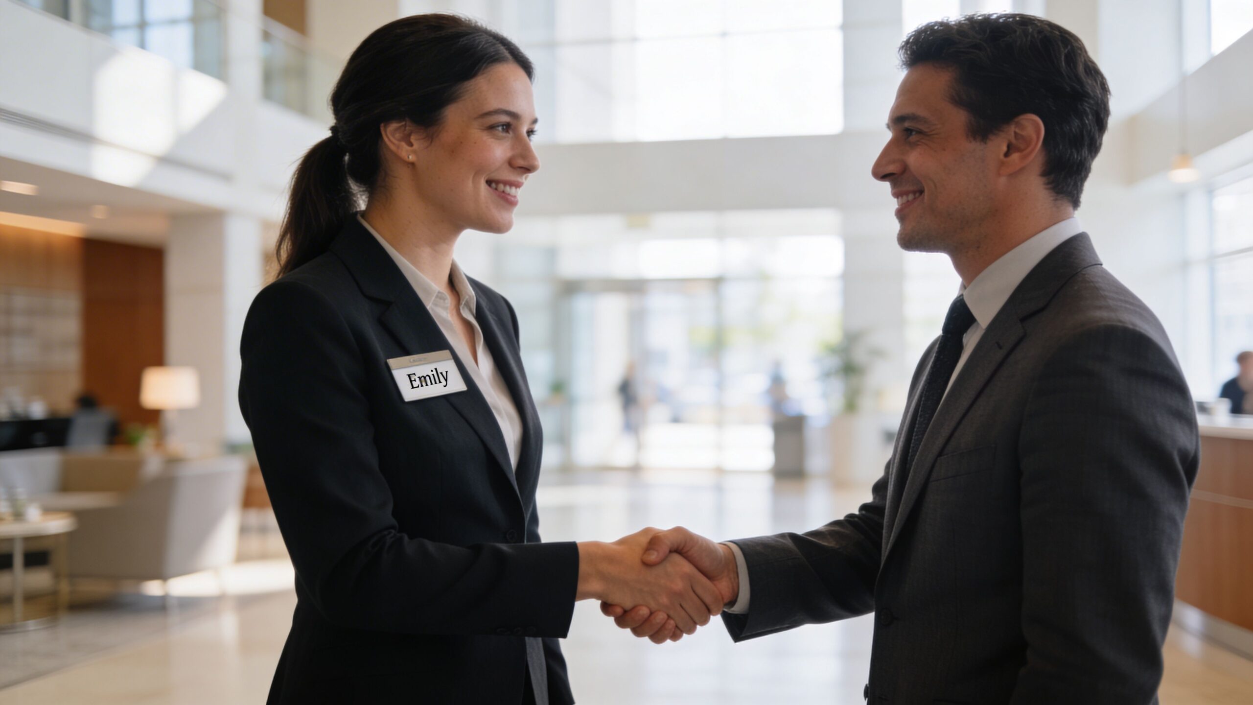 A professional woman named Emily shaking hands with a man in an office building setting.