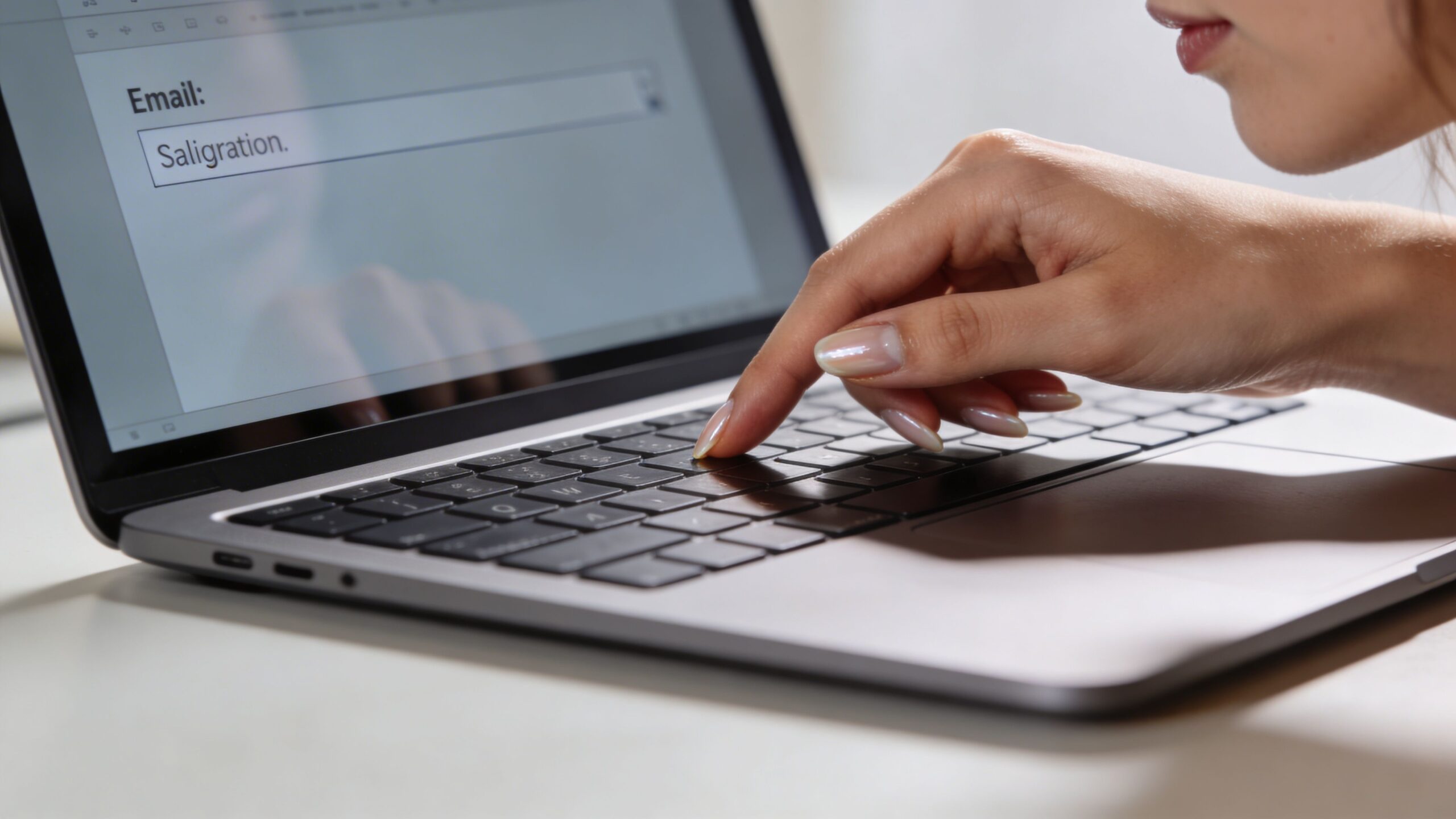 A young woman types on a laptop keyboard while composing an email in a bright, modern workspace.