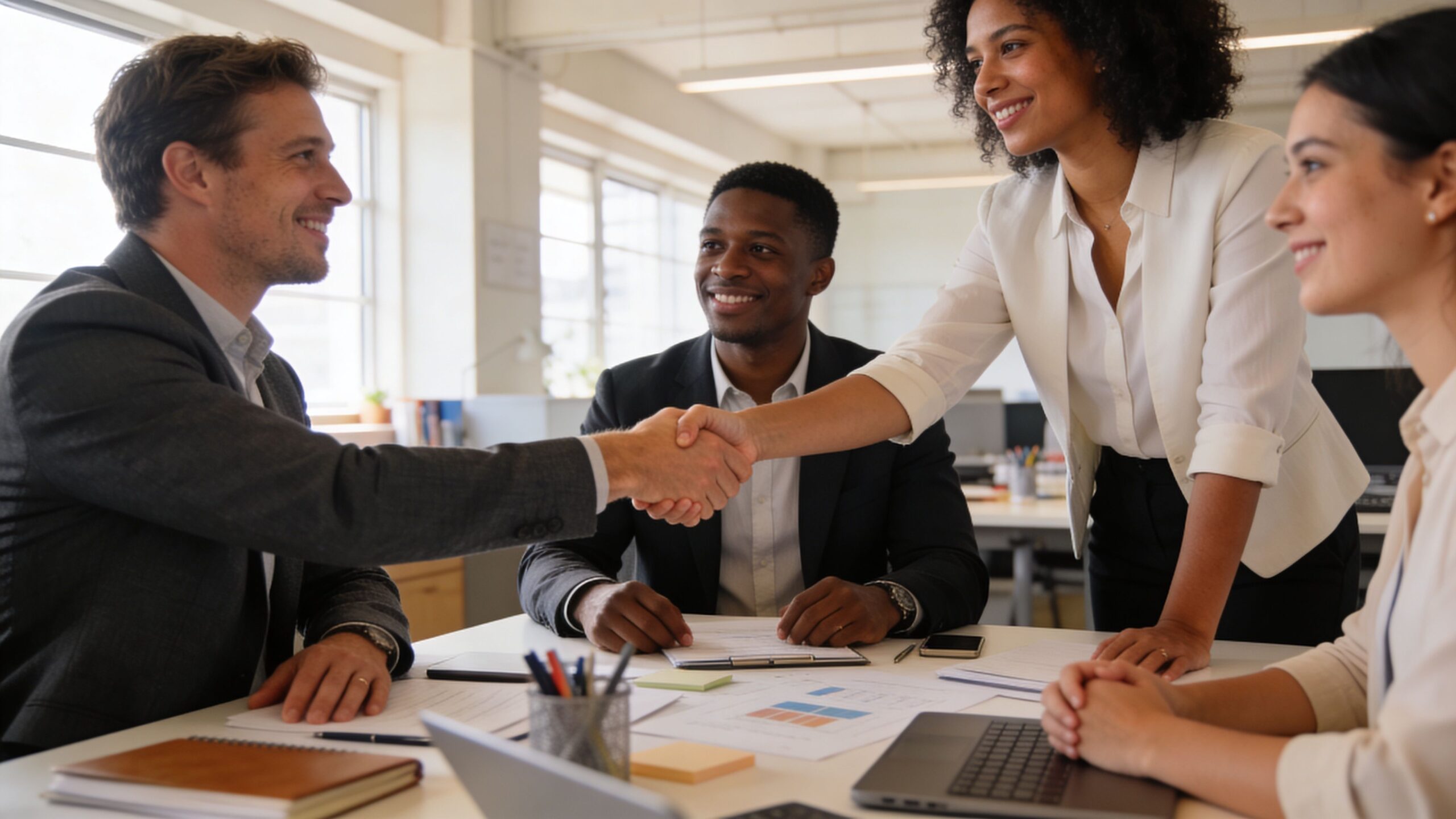 A diverse team of business professionals shaking hands over a table during a productive office meeting.