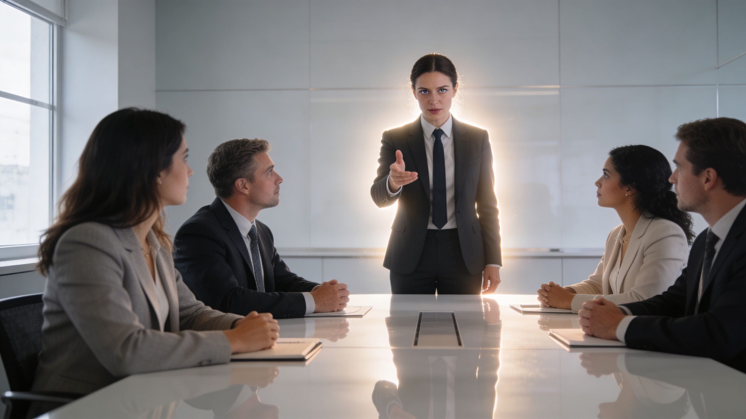 A professional woman in a suit stands at the head of a conference table leading a business meeting.