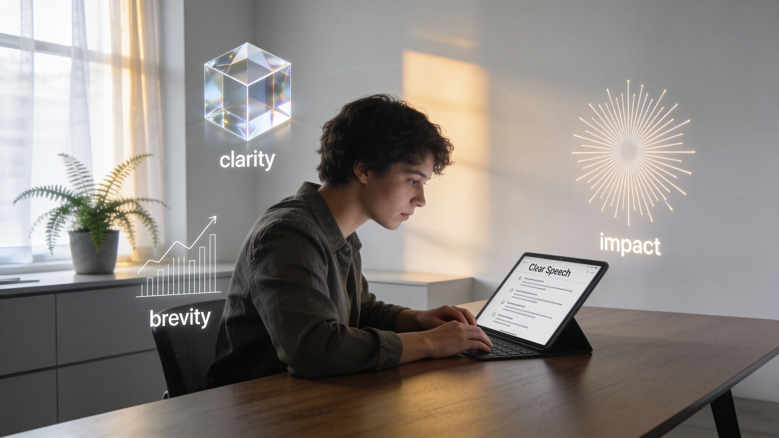 A young person typing on a digital tablet, visualizing the concepts of clarity, brevity, and impact.