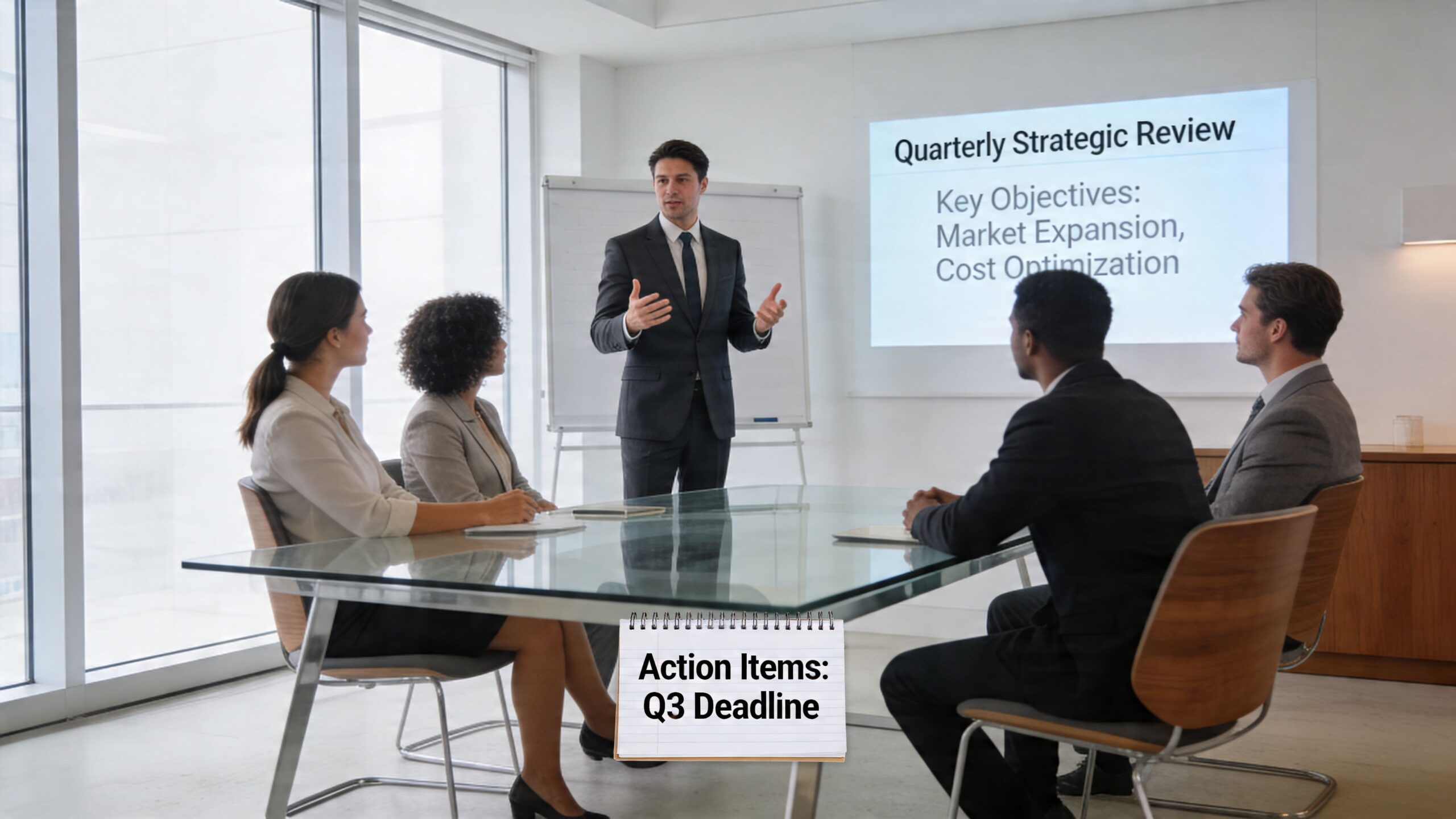 A professional man presenting a quarterly strategic review to his team in a modern office meeting room.