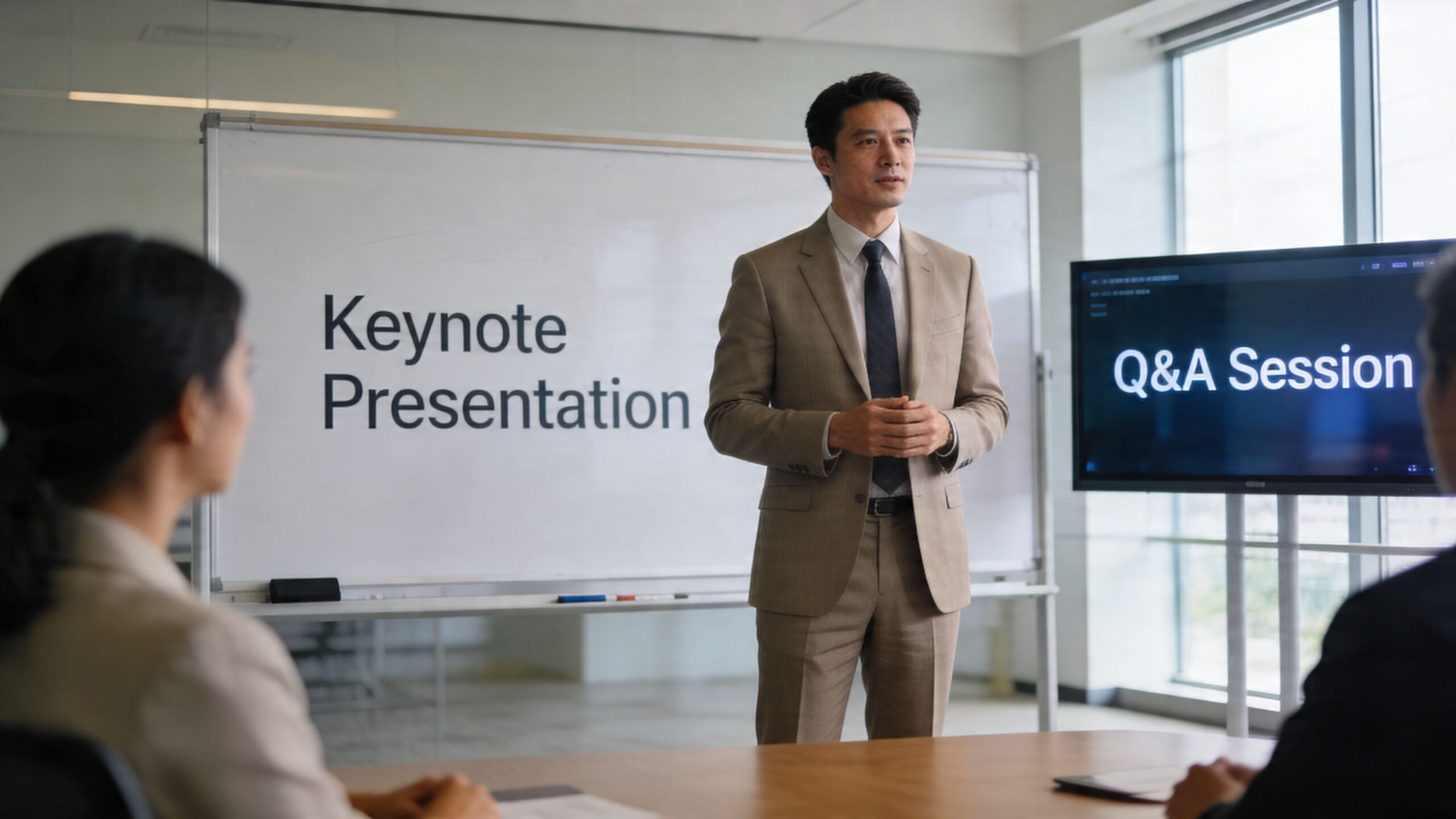A professional man in a suit presenting a keynote session to colleagues in a modern office meeting room.