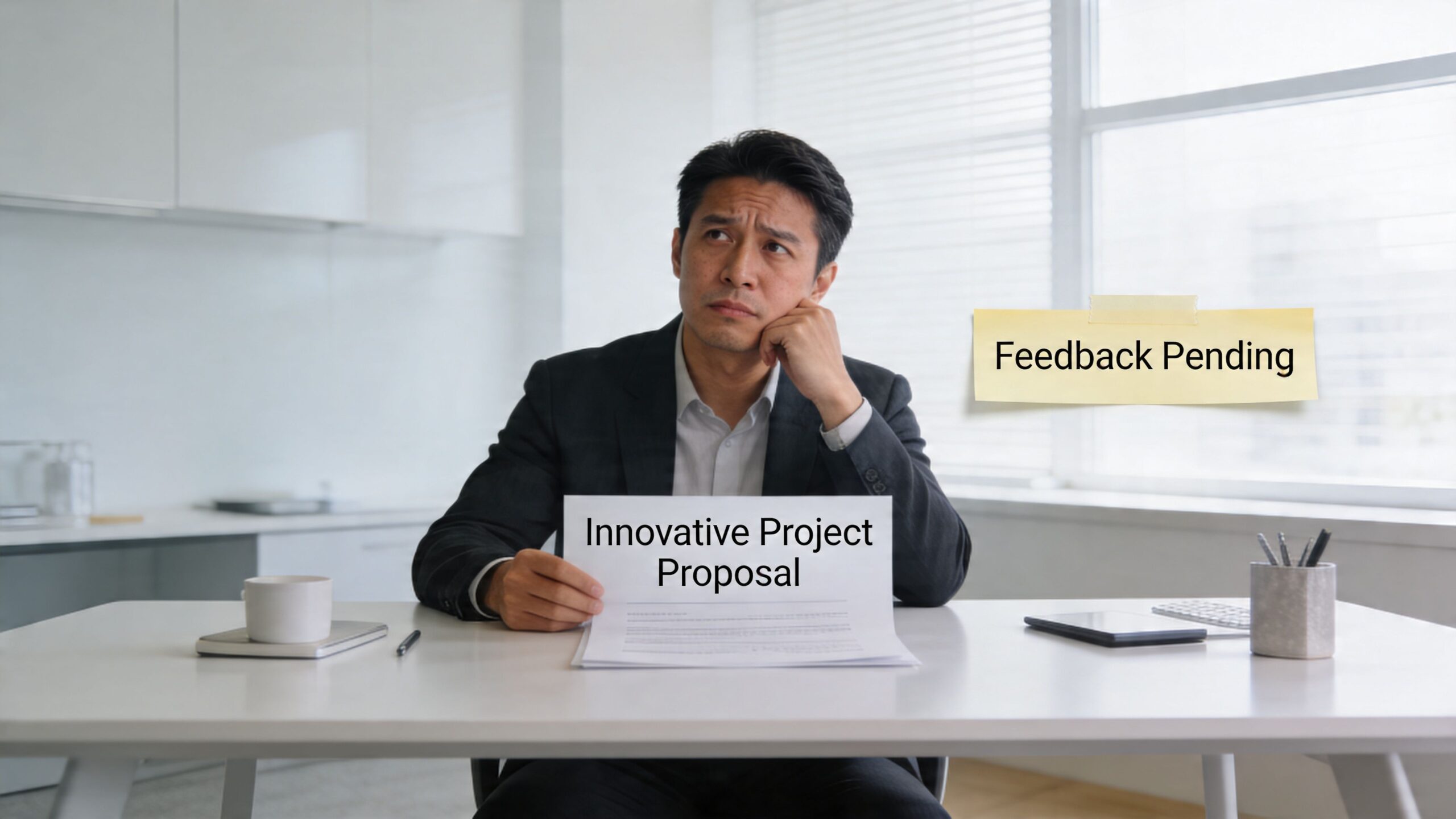 A pensive businessman holding a paper titled Innovative Project Proposal while waiting for feedback in an office.