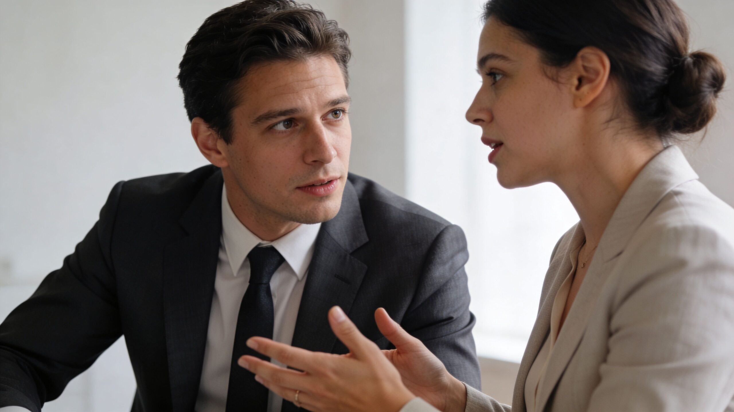 A professional man and woman in business attire having an engaging and productive conversation in an office setting.