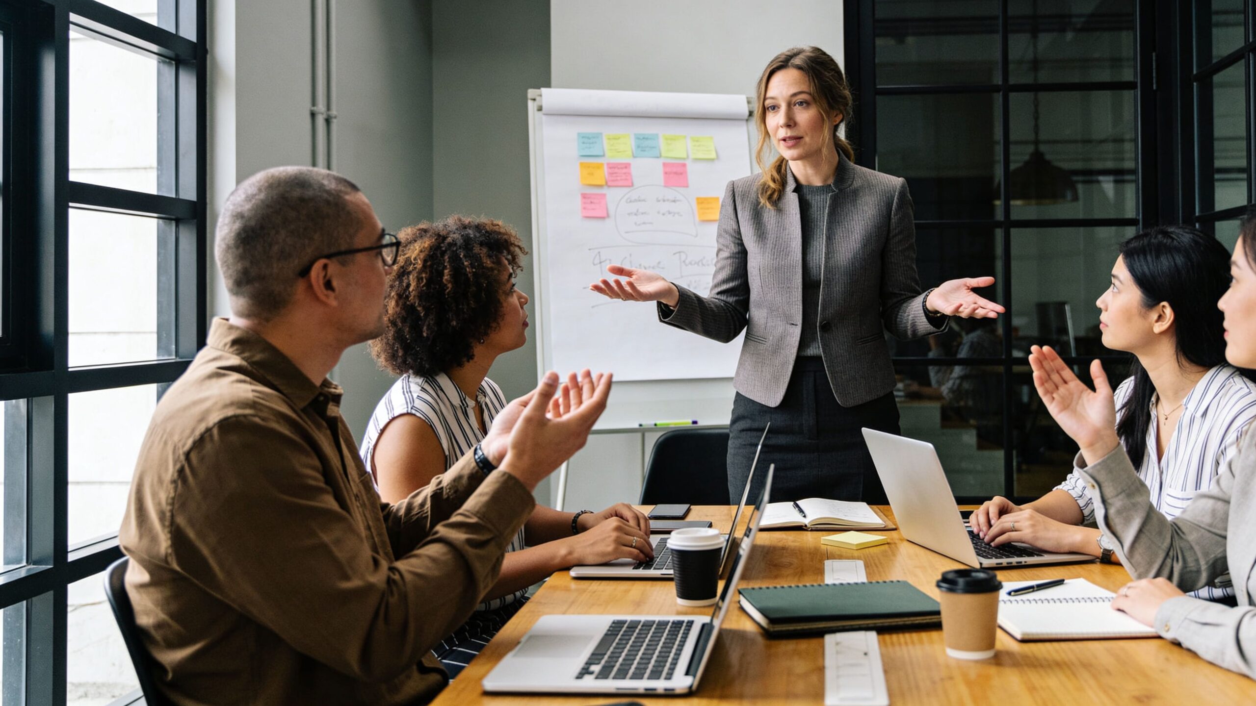 A professional woman leading a meeting in a boardroom while her diverse team listens and takes notes.