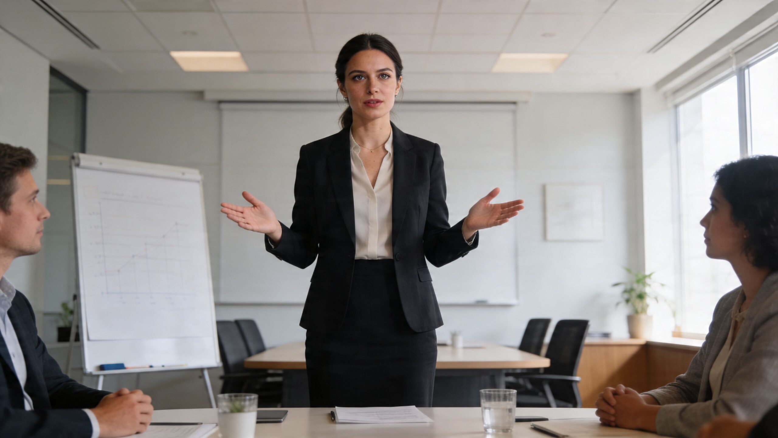 A professional businesswoman presenting a strategy to senior executives in a modern, well-lit boardroom office setting.