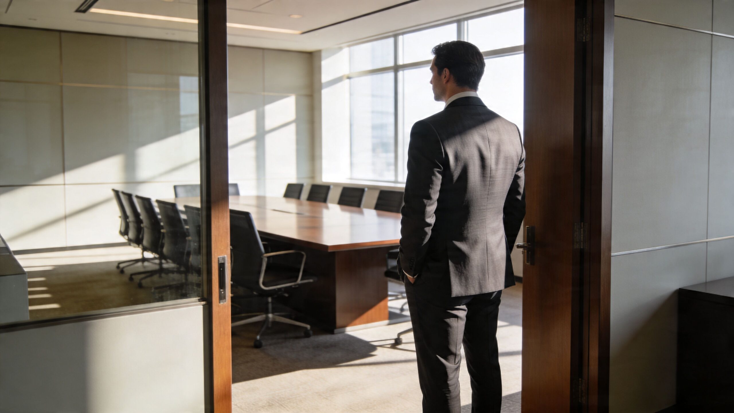 A professional man in a dark suit standing at the door of a modern office conference room.
