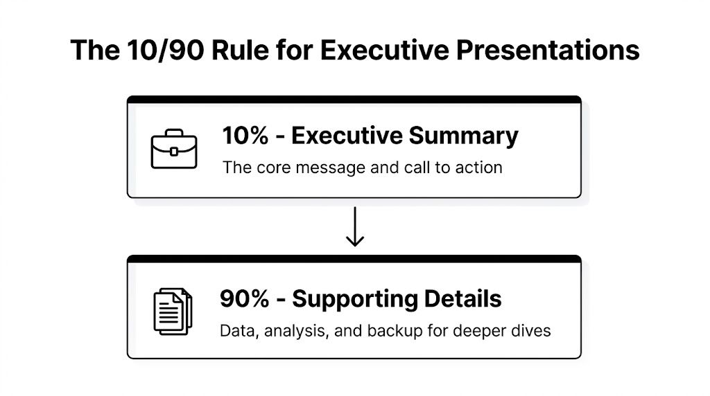 A diagram illustrating the 10/90 rule for executive presentations, highlighting executive summaries and supporting details.