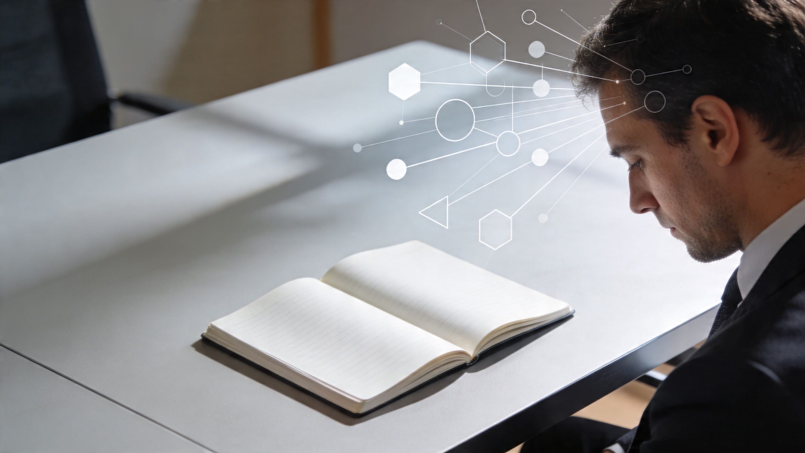 A professional man in a suit looking down at an open book with abstract digital connections overlay.
