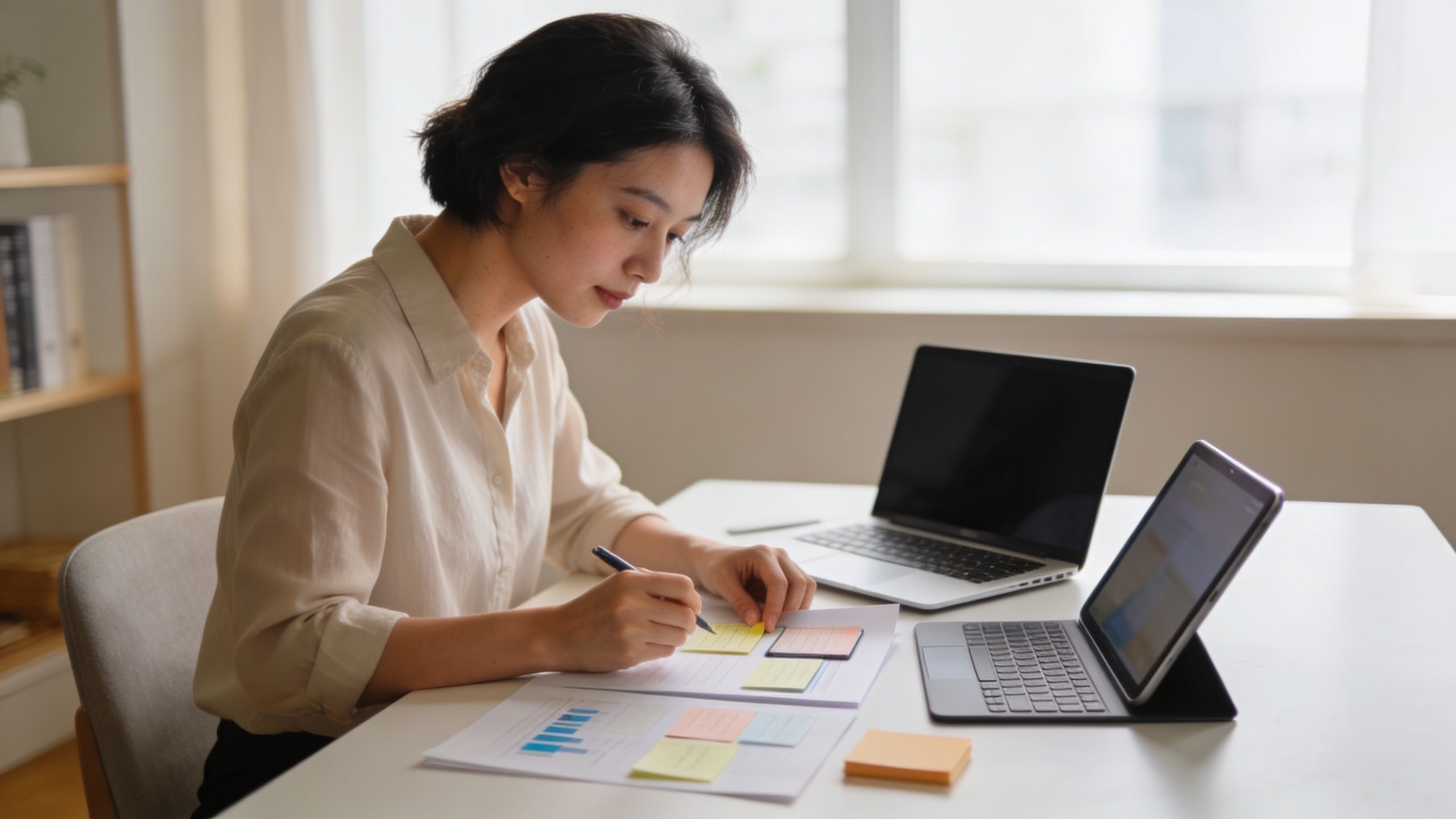 A professional woman working at her desk with a laptop, tablet, and colorful sticky notes.