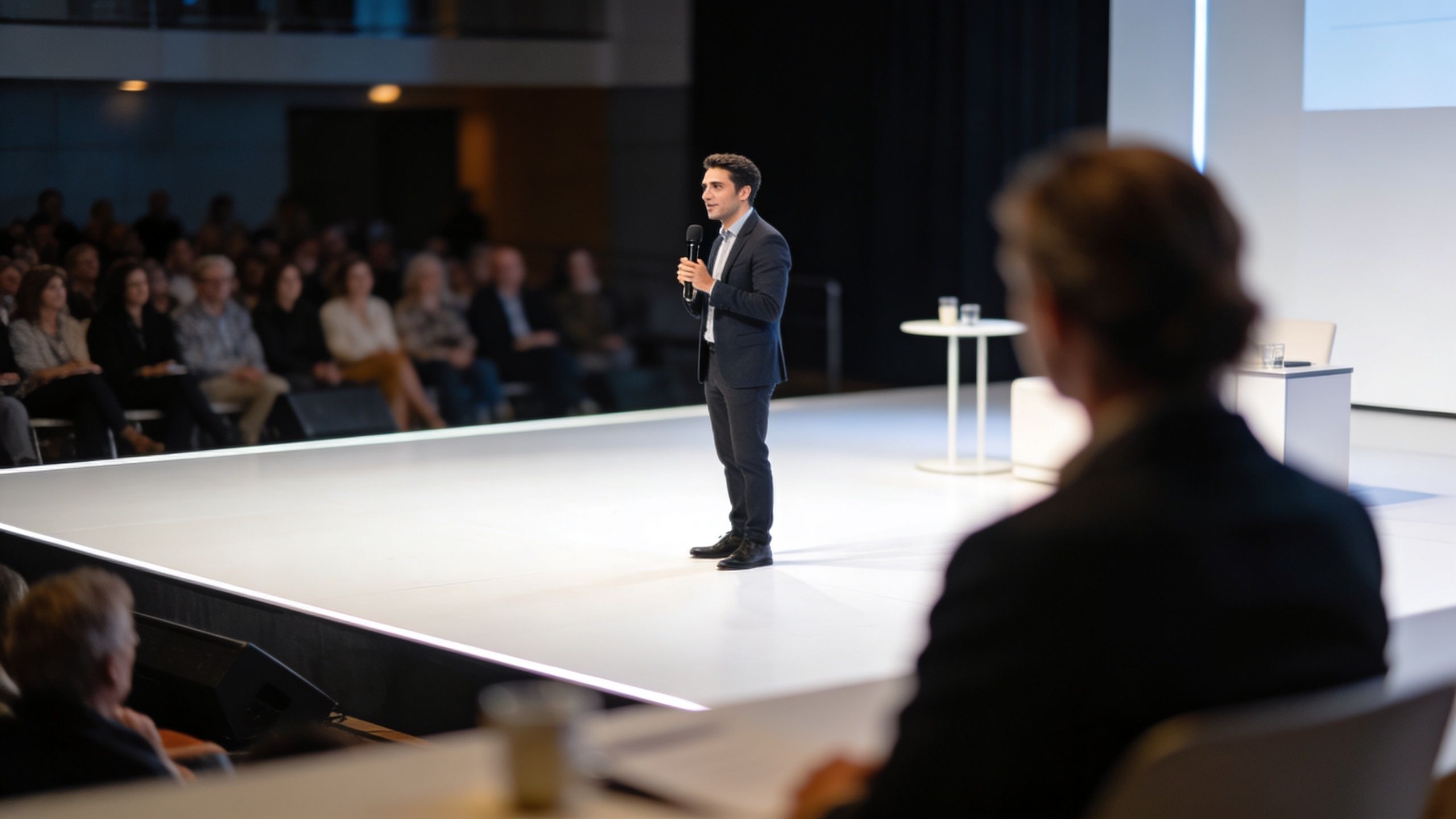 A professional man delivering a public speech on a brightly lit stage in front of an audience.