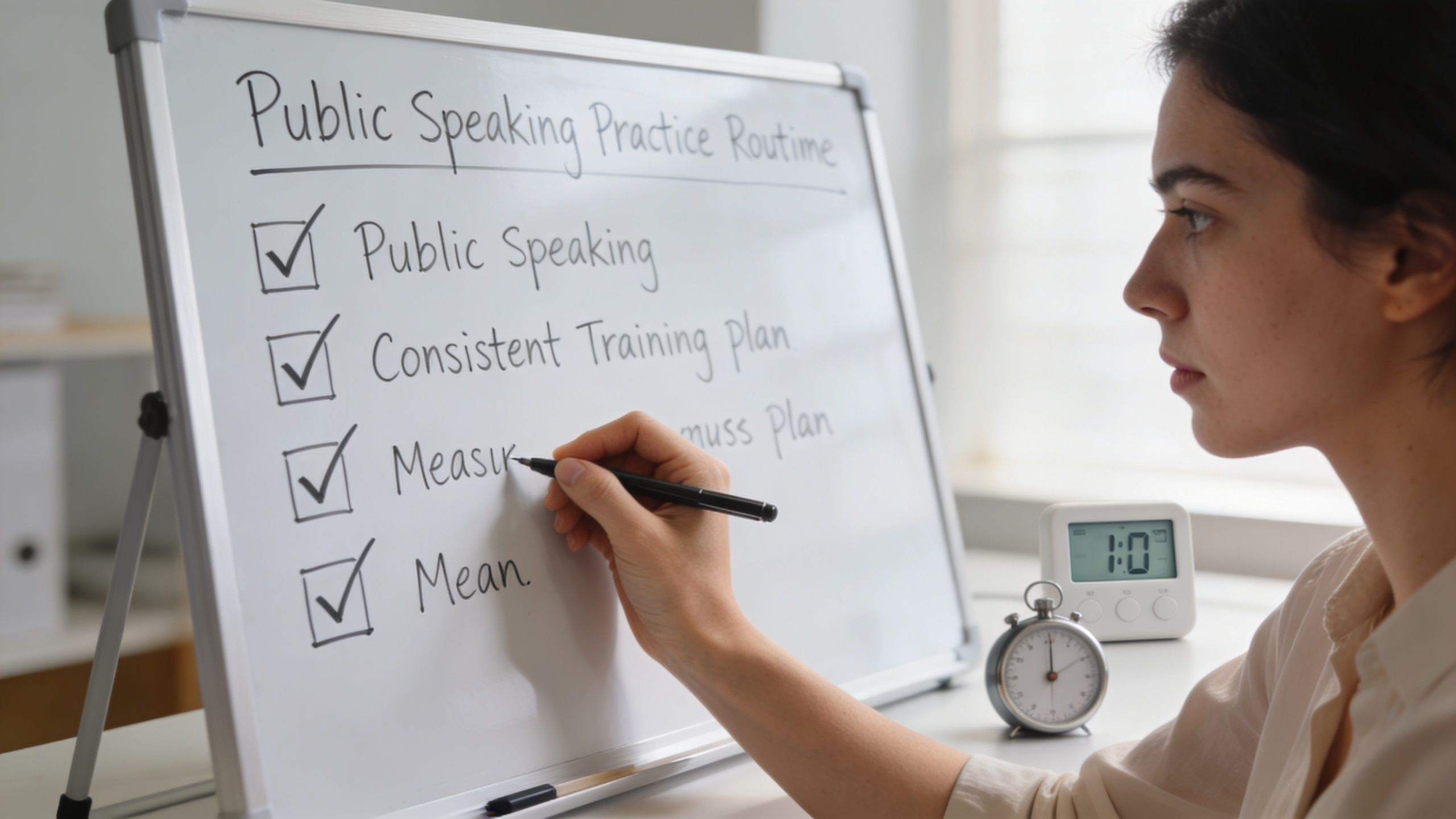A focused woman writing a public speaking practice routine on a whiteboard in a bright office.