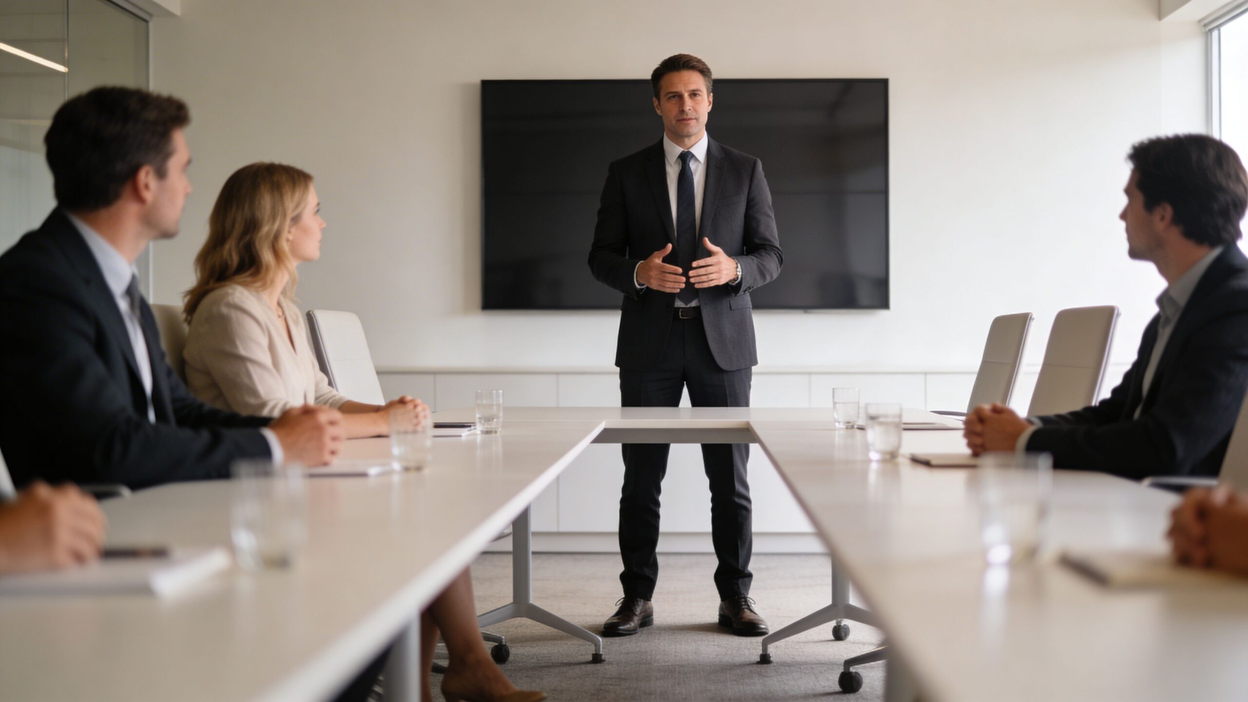 A professional businessman leading a formal meeting with colleagues around a conference table in an office