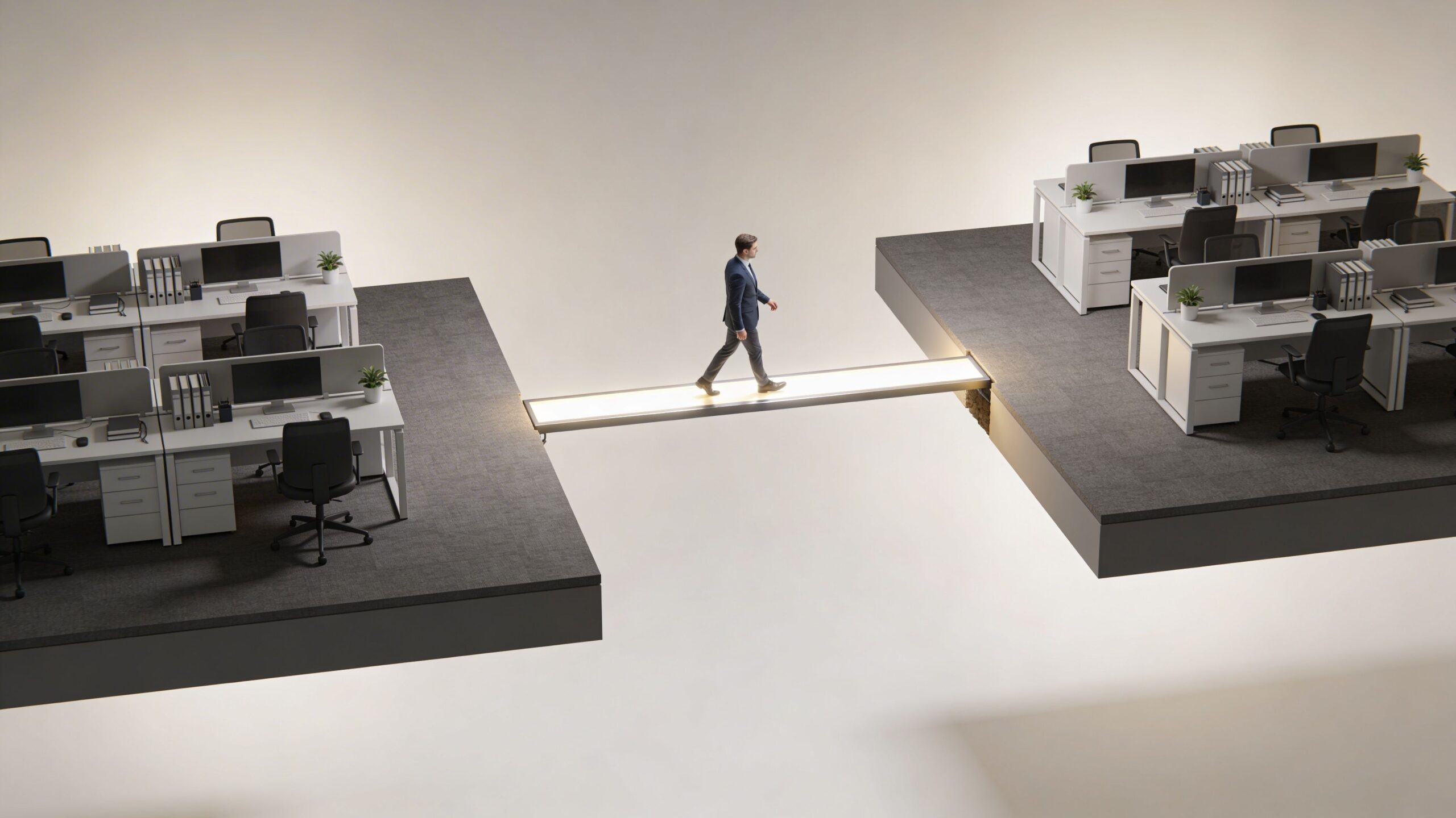 A businessman in a suit walks across a glowing bridge connecting two separate modern office platforms.