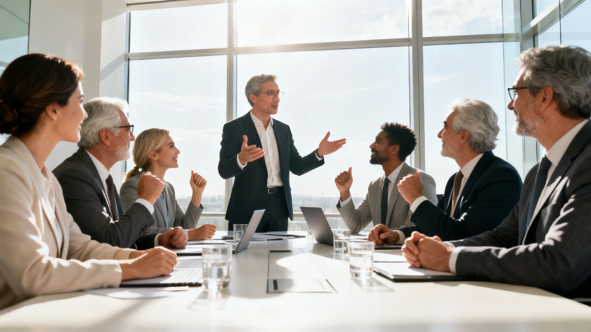 A diverse group of professionals in suits sitting around a table during a business meeting in an office.