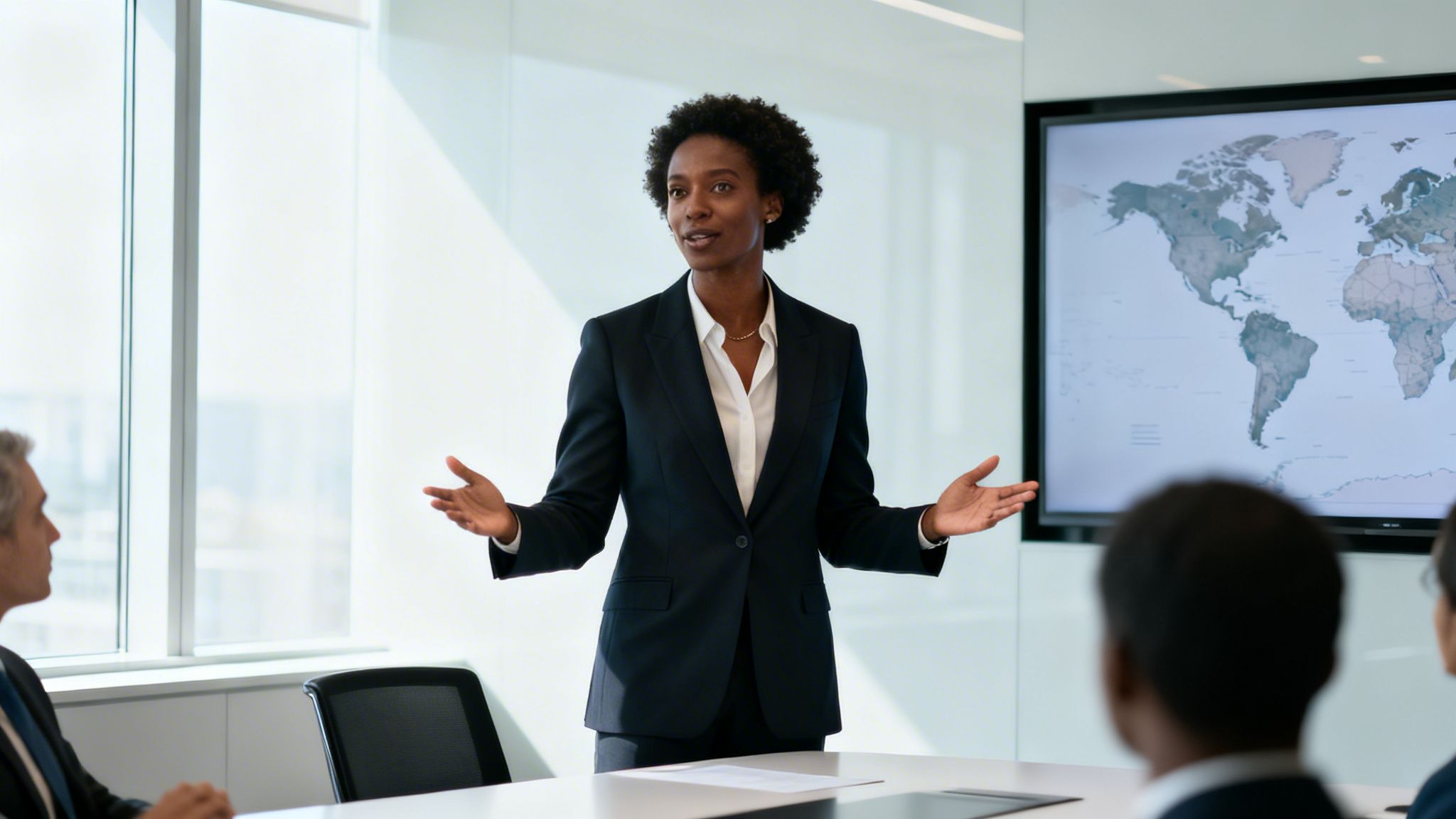 A professional woman in a suit leading a business meeting in a modern conference room setting.