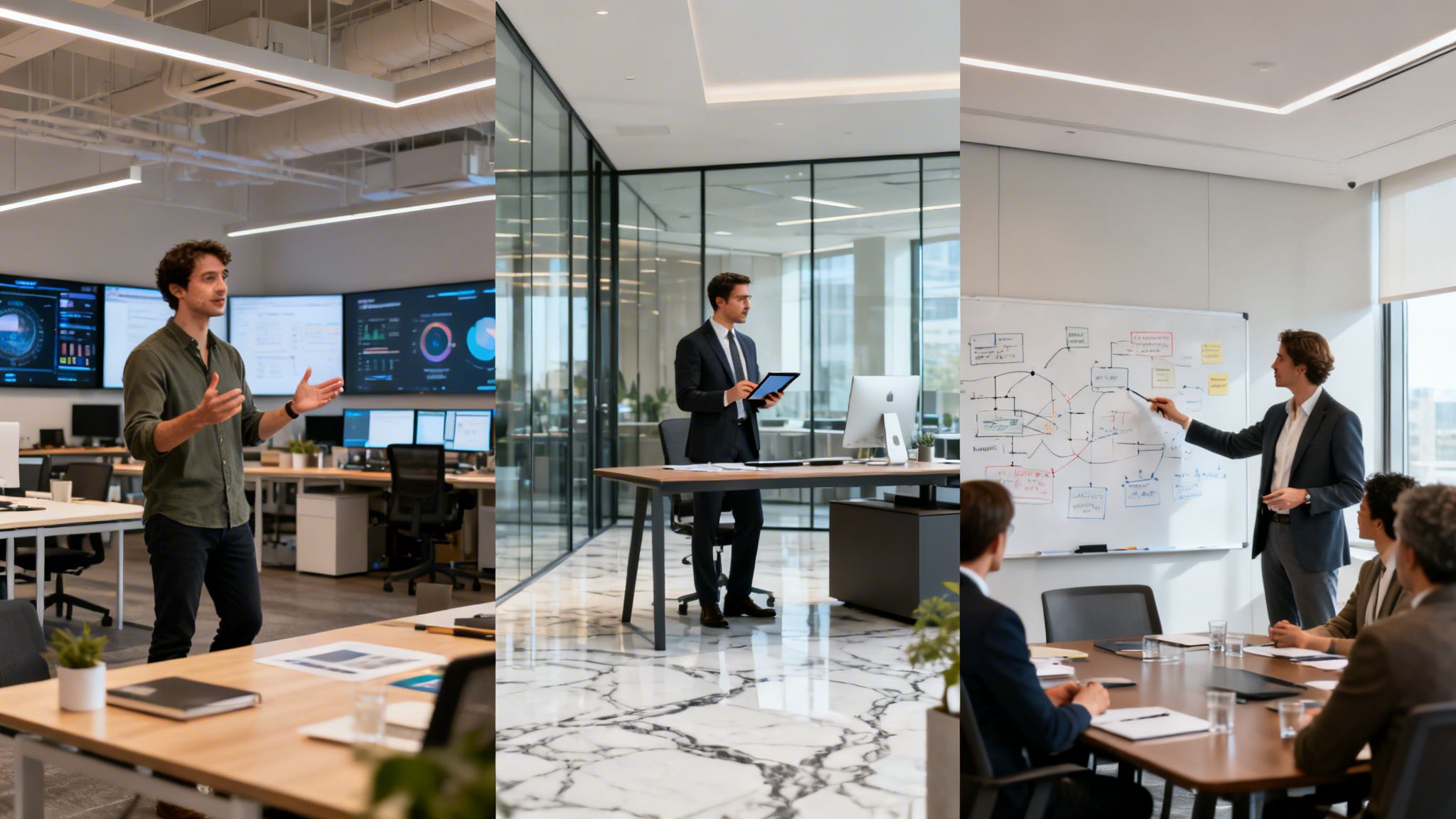 A collage showing business professionals presenting and collaborating in modern, bright corporate office settings.