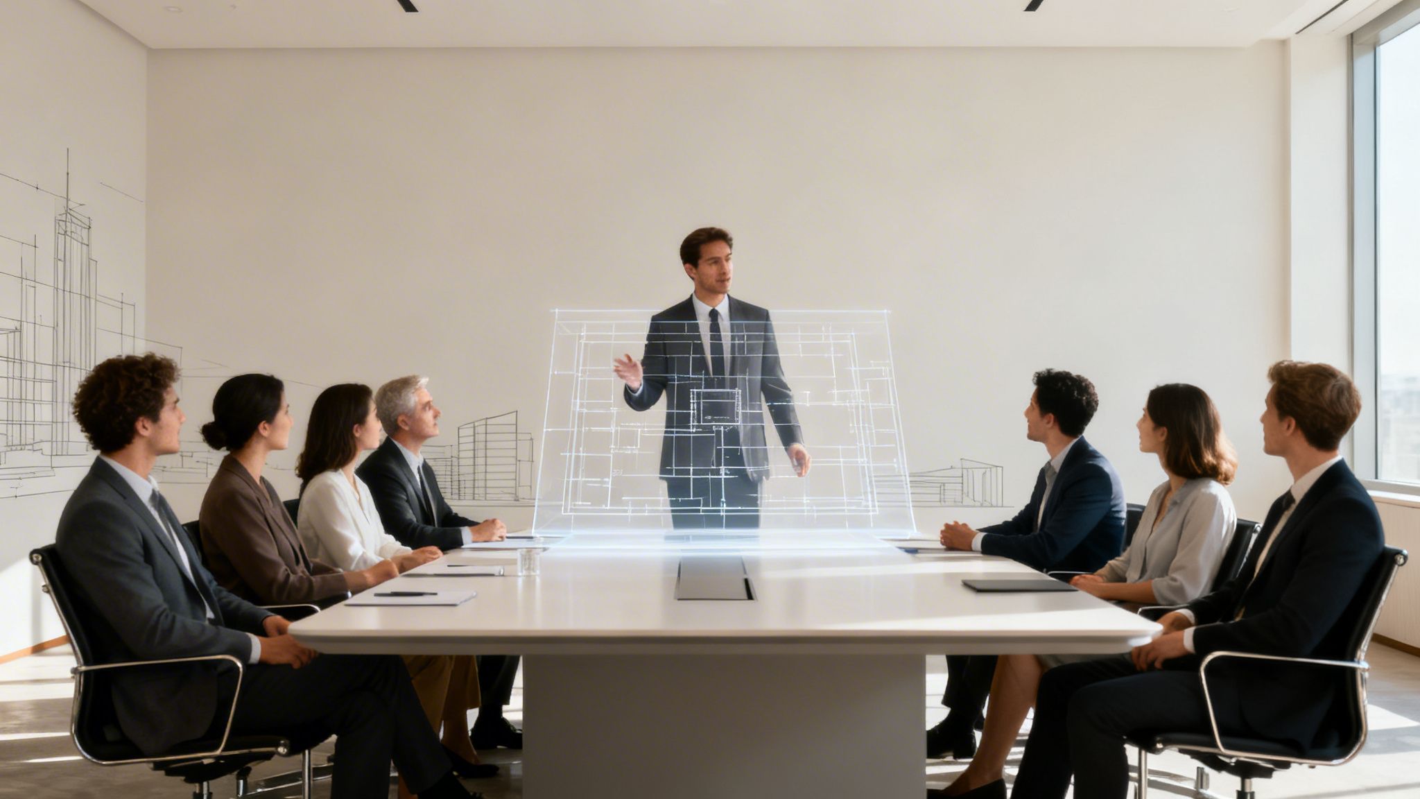 A man presents a holographic architectural blueprint to attentive business professionals in a modern conference room.