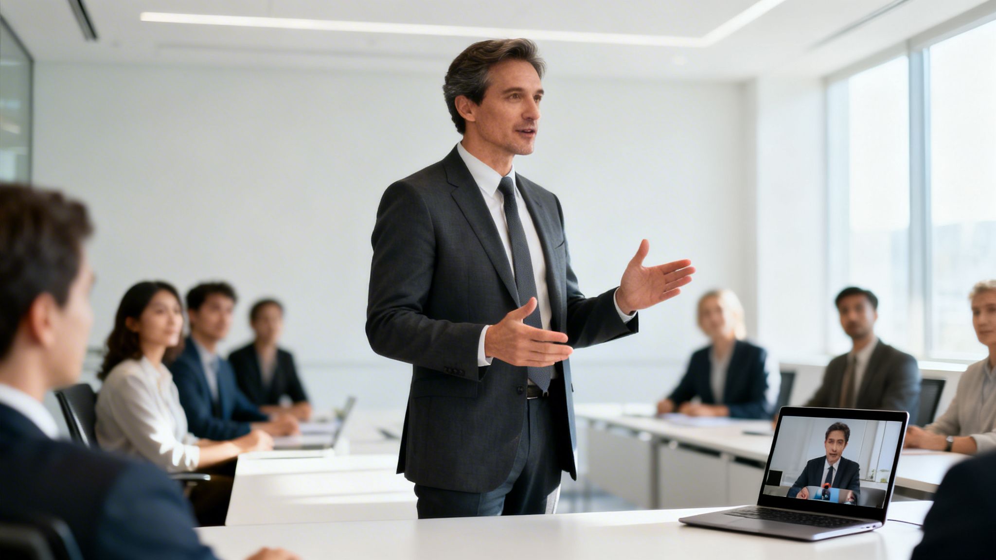 A confident businessman presents to diverse colleagues in a modern meeting room, with a laptop displaying a virtual participant.