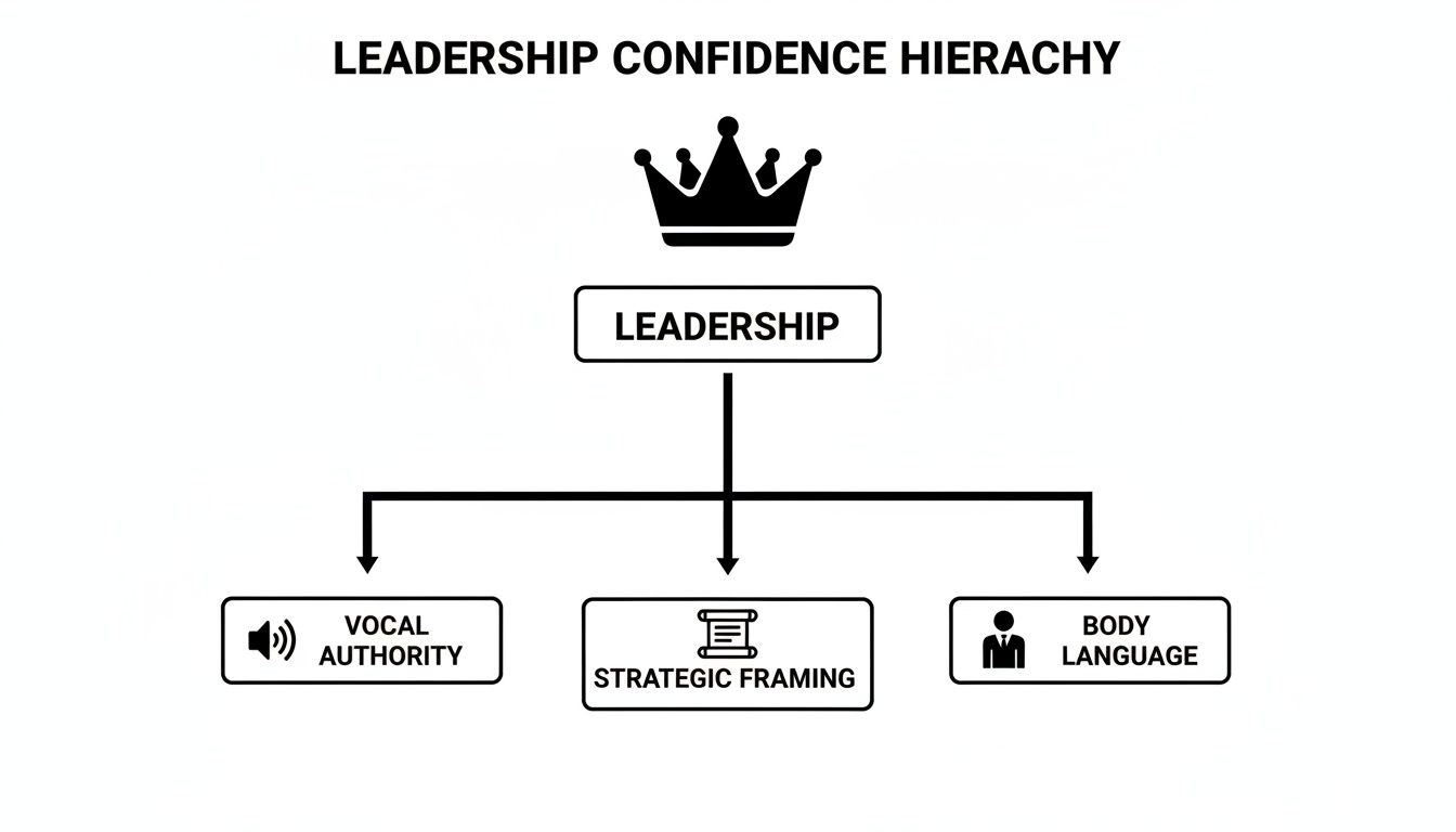 A hierarchy diagram illustrating leadership confidence broken down into vocal authority, strategic framing, and body language.