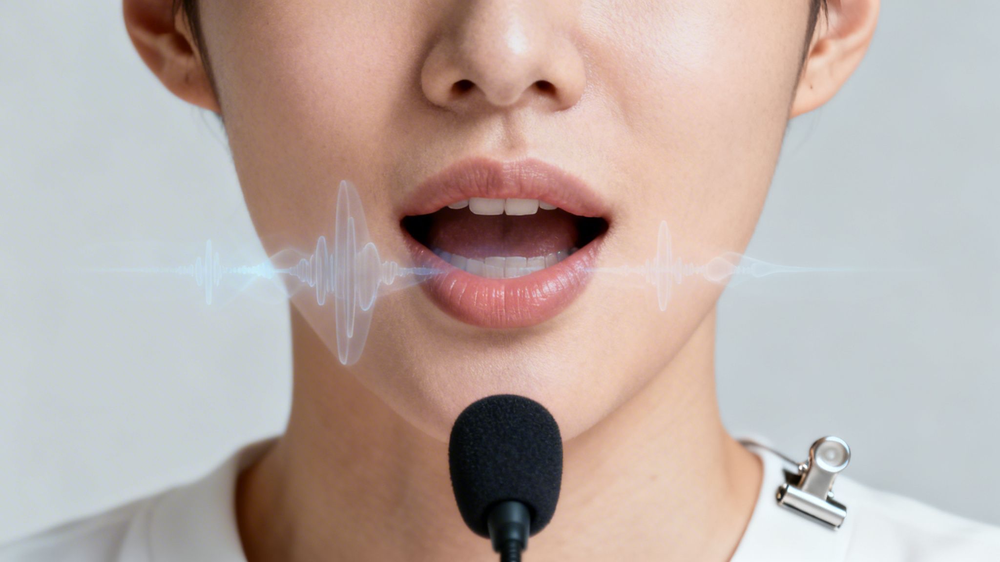 Person's mouth speaking into a microphone, with sound waves illustrating voice recognition technology.