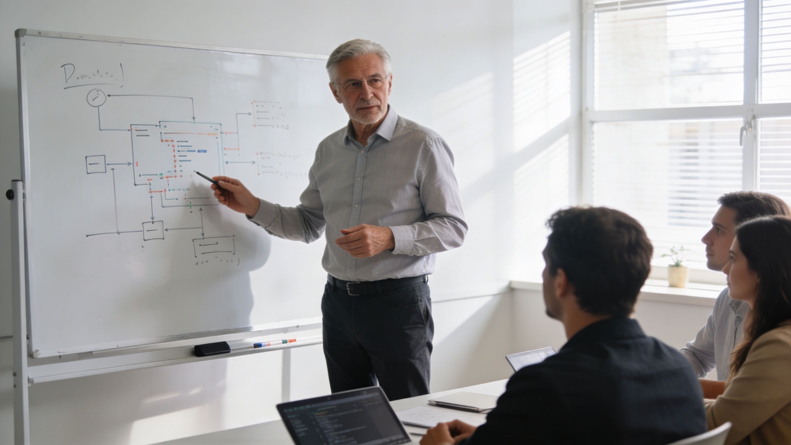 A professional man conducting a presentation skills training session, gesturing to a diagram on a whiteboard.