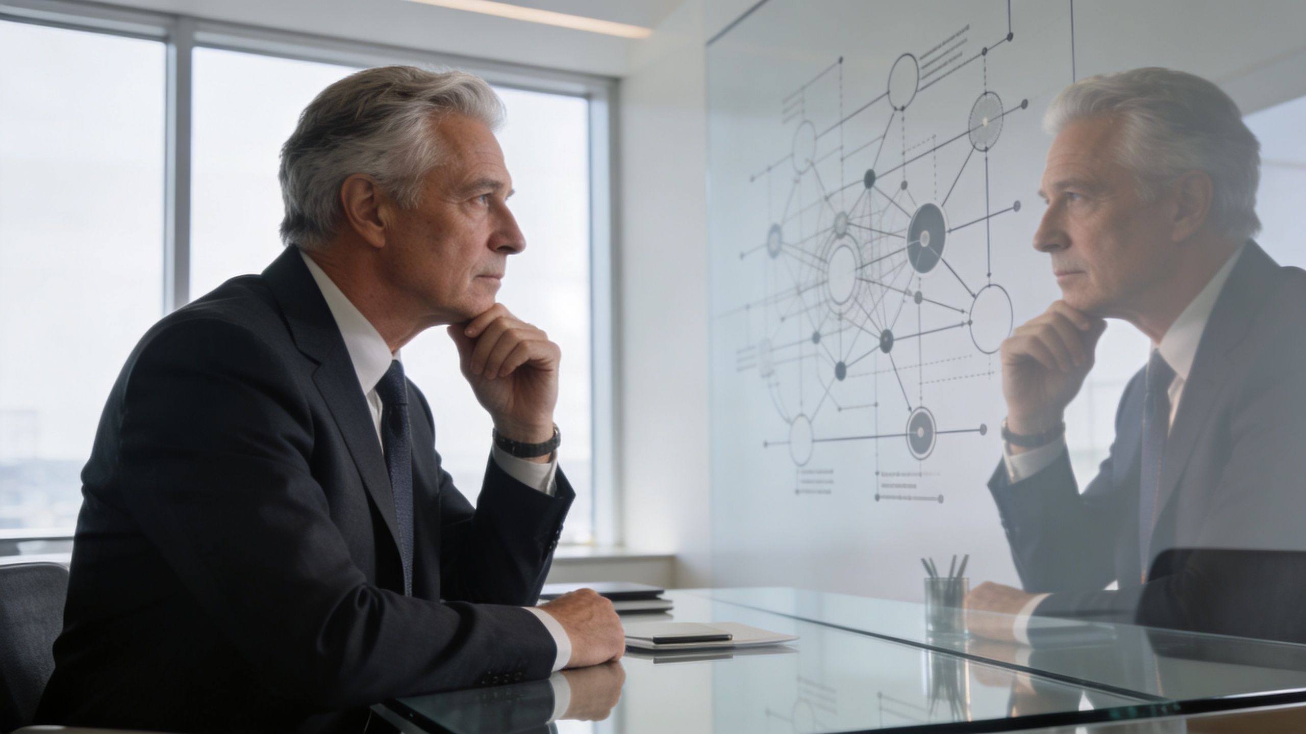 A sophisticated businessman sitting at a glass desk, deep in thought while looking at a network diagram.