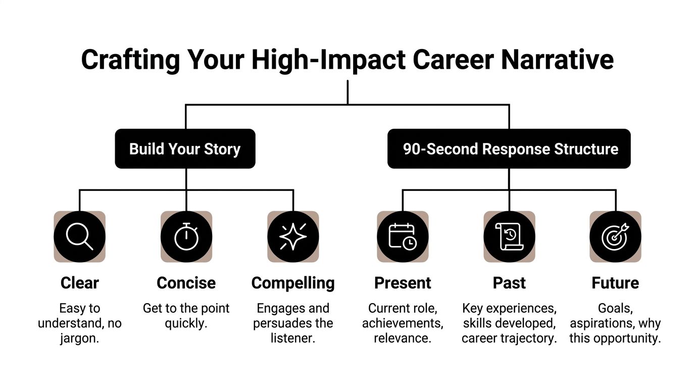 A diagram outlining how to craft a high-impact career narrative using storytelling and a structured response format.