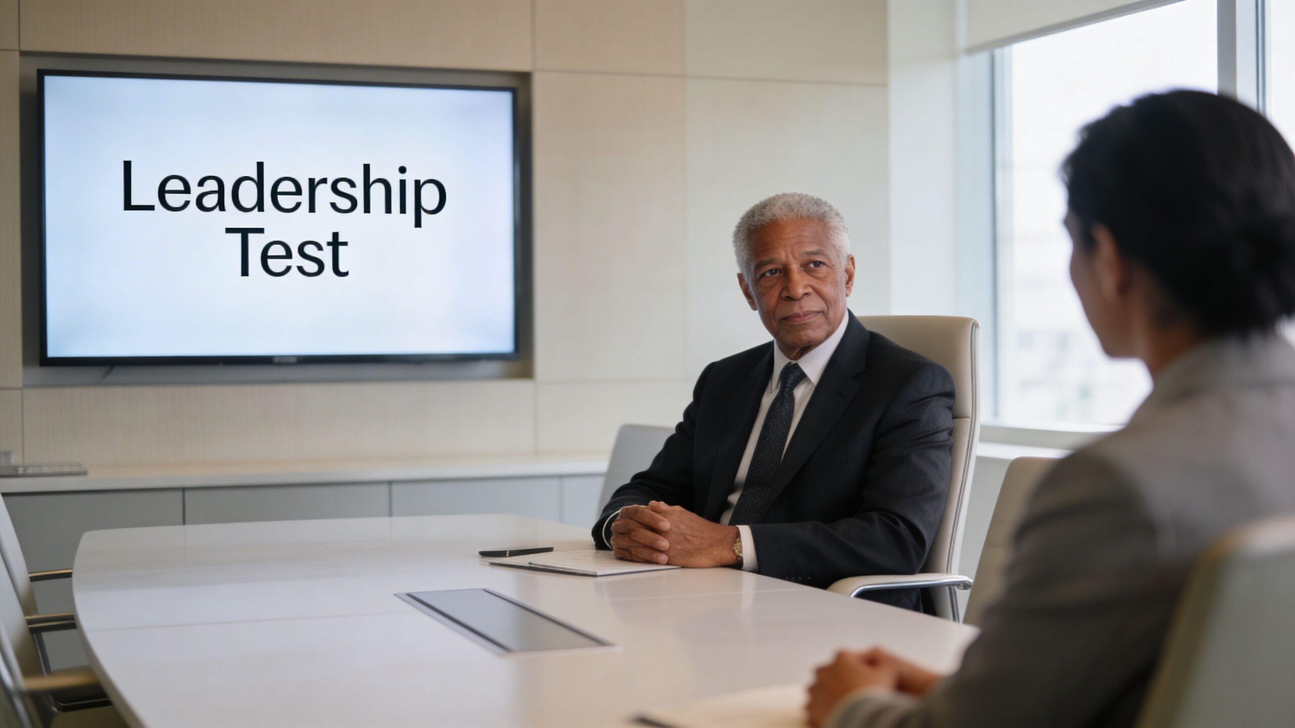 A professional man and woman discussing a leadership test in a modern office meeting room.