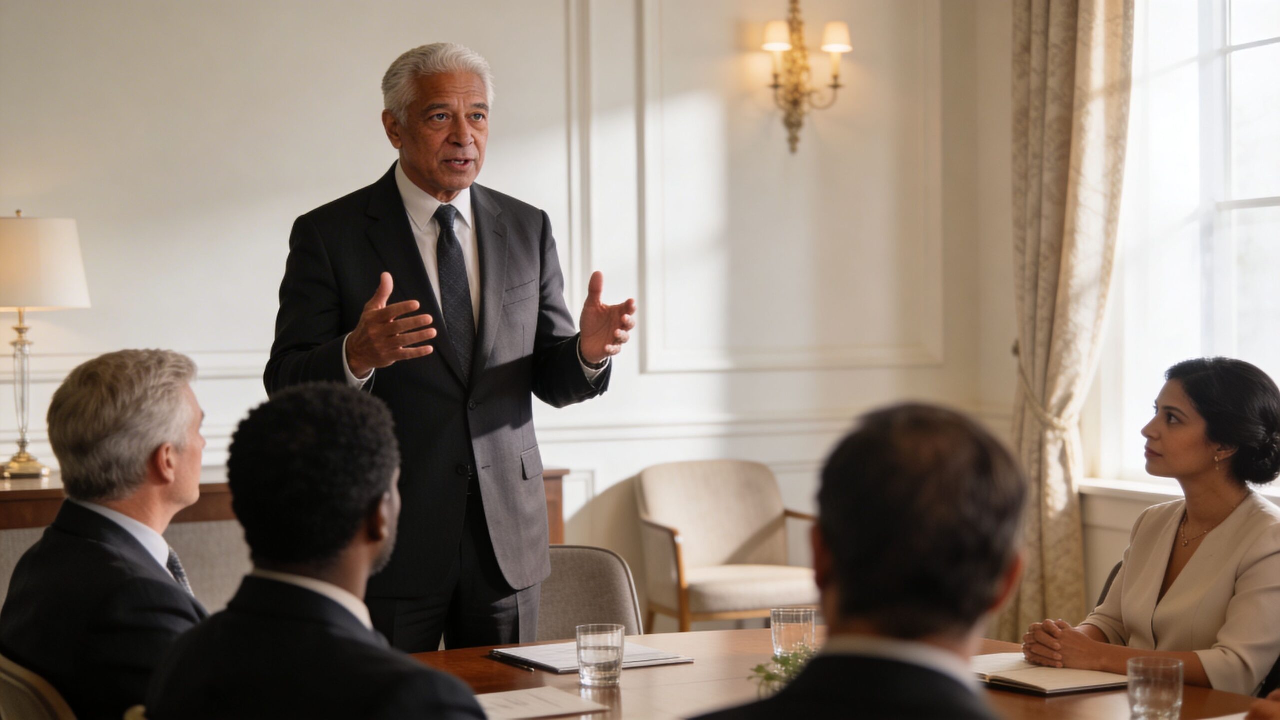 An elderly man in a suit gives a professional presentation to his colleagues in a boardroom setting.