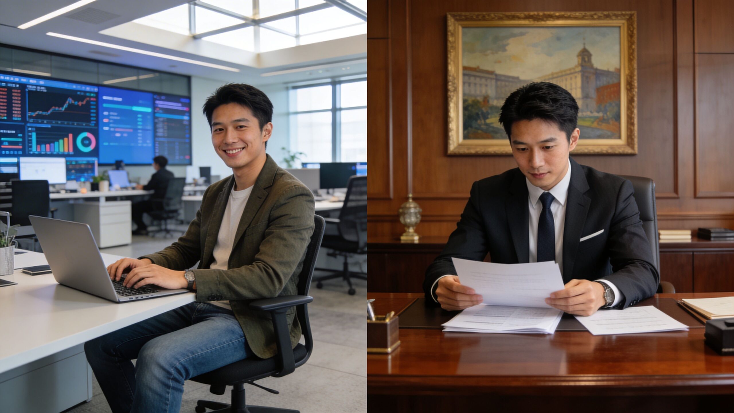 A split image showing a professional man working at a modern office desk and reviewing paperwork.