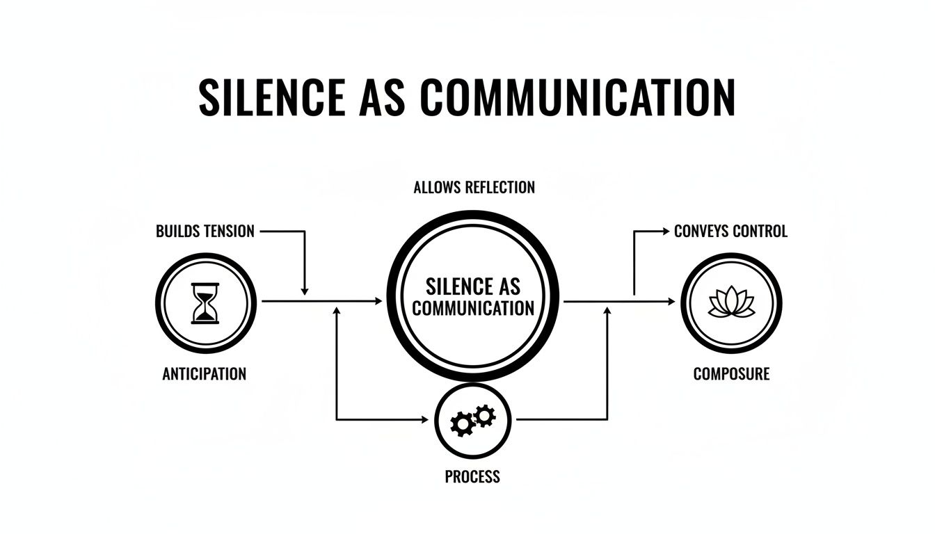 Diagram illustrating silence as communication, connecting anticipation, process, and composure with reflective and controlling aspects.
