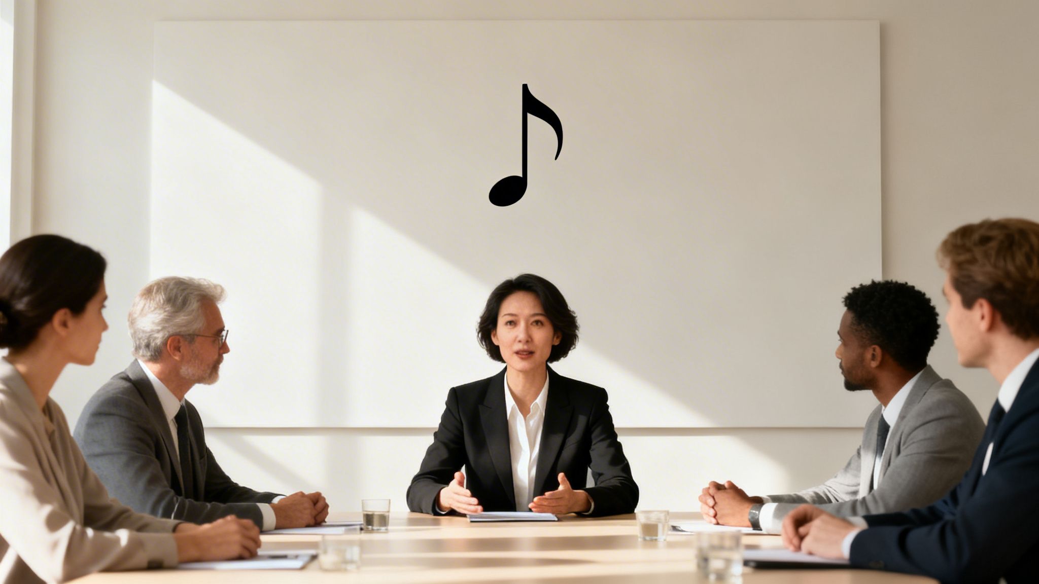 A diverse group of professionals in a bright meeting room, with a woman speaking and a musical note on a whiteboard.