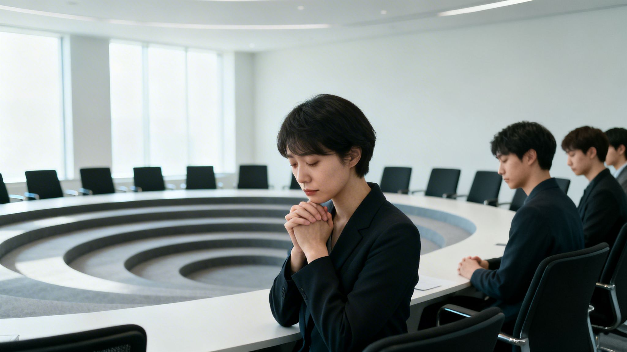 A woman with eyes closed and hands clasped, sitting at a conference table with colleagues.