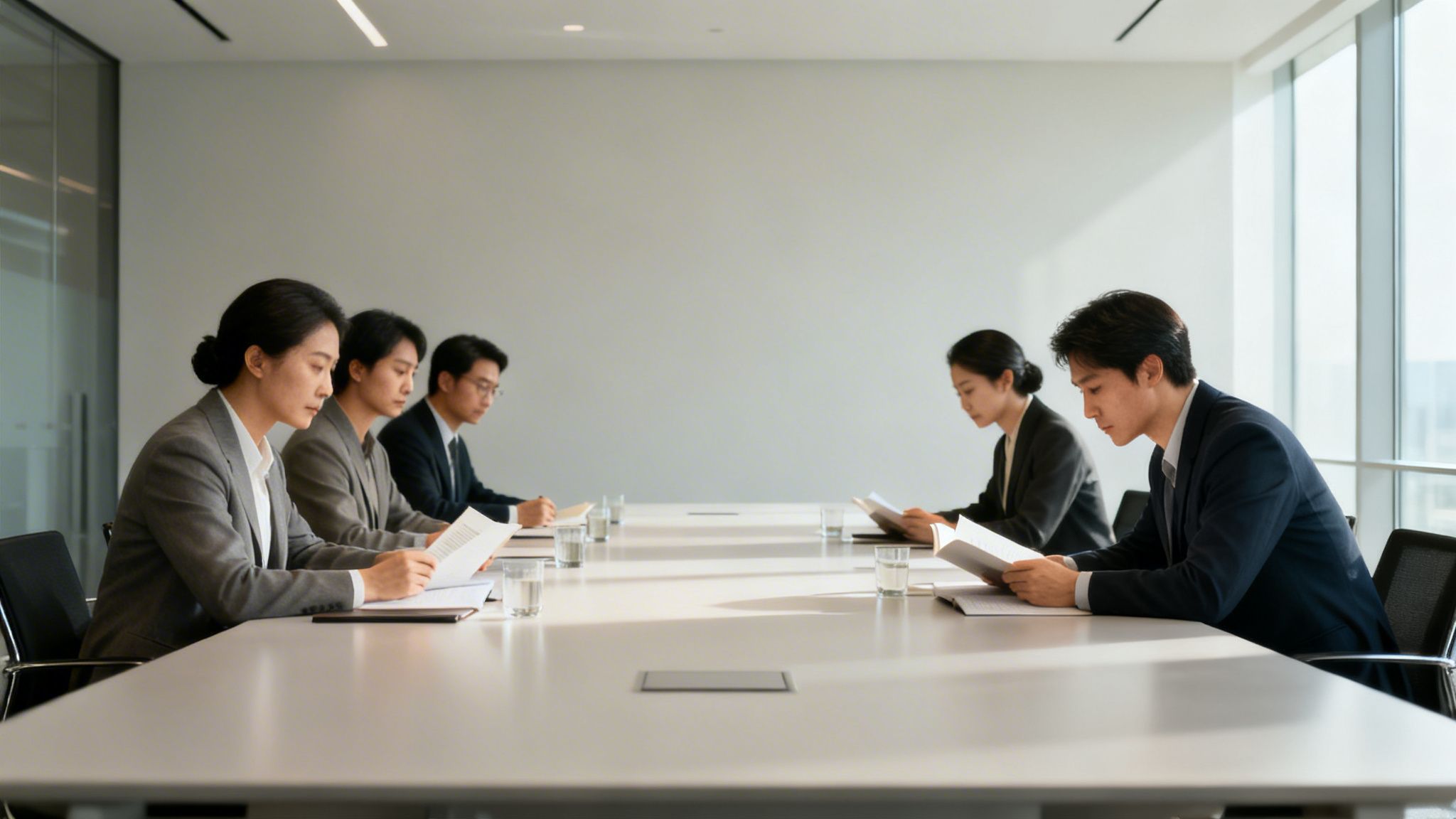 Five business professionals sit silently at a conference table, reading documents or books.
