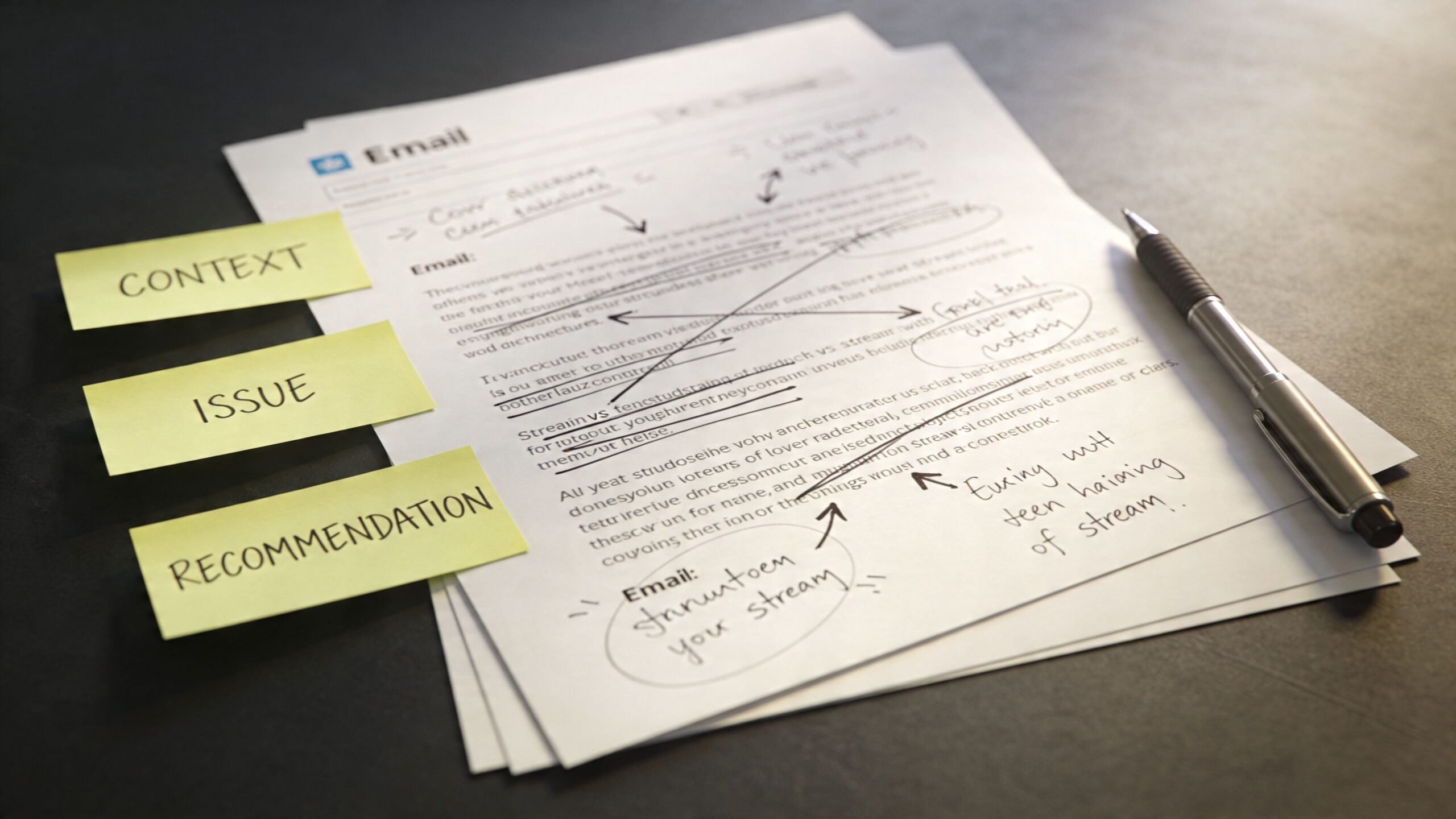 A document with sticky notes labeled context, issue, and recommendation showing edits on an unprofessional email draft.