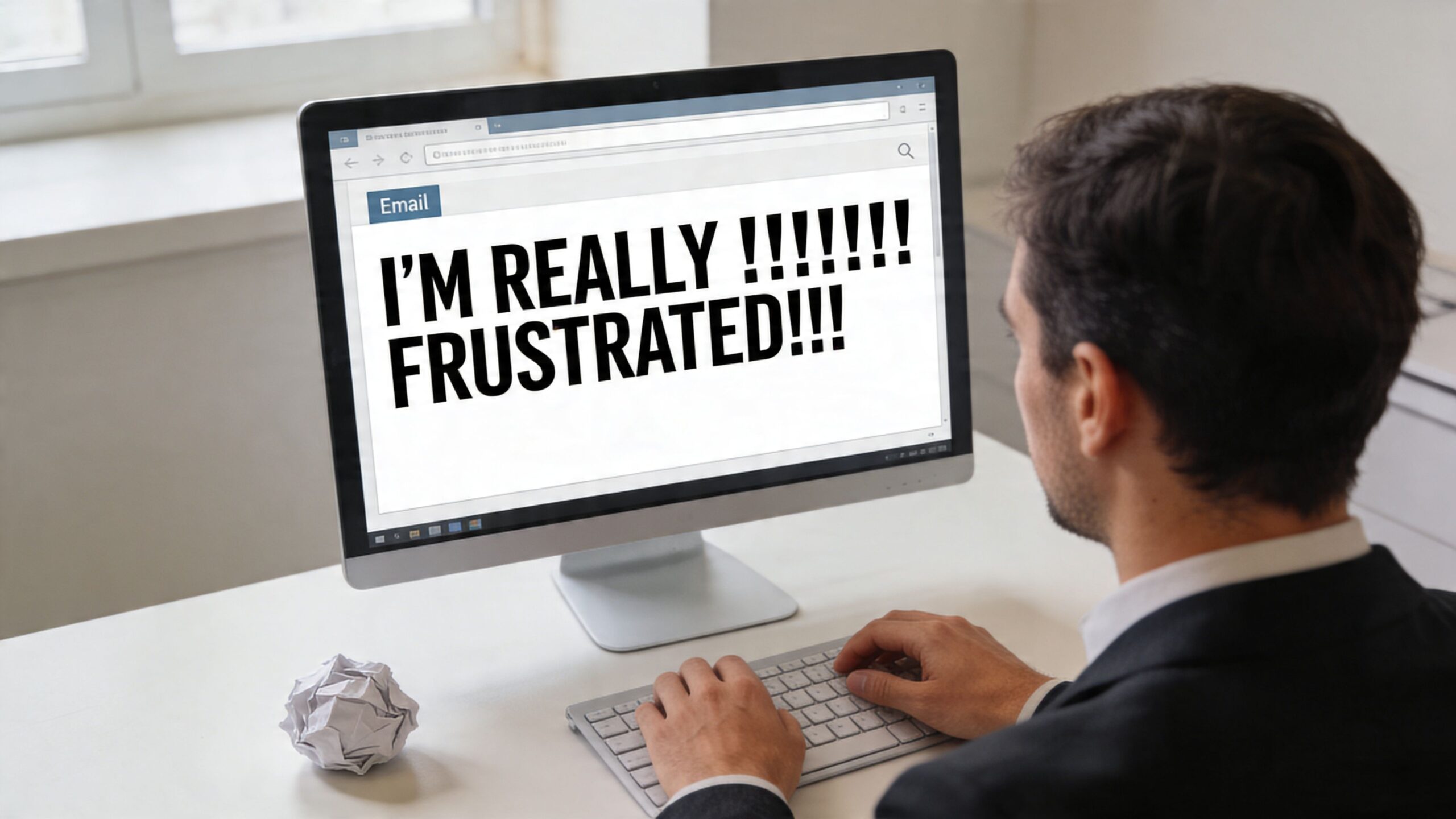 A businessman sitting at a computer desk typing an email that expresses frustration in capital letters.