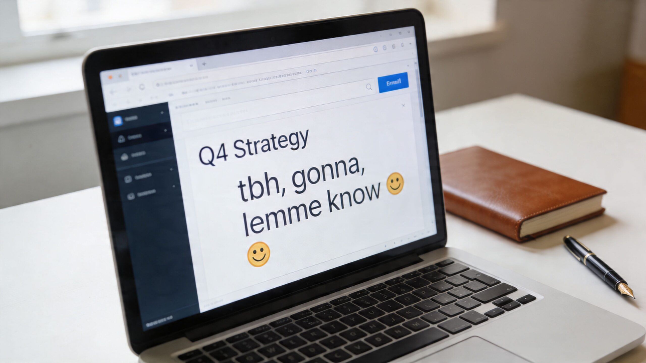 A laptop screen displaying an unprofessional Q4 strategy email draft with casual slang and smiley faces.