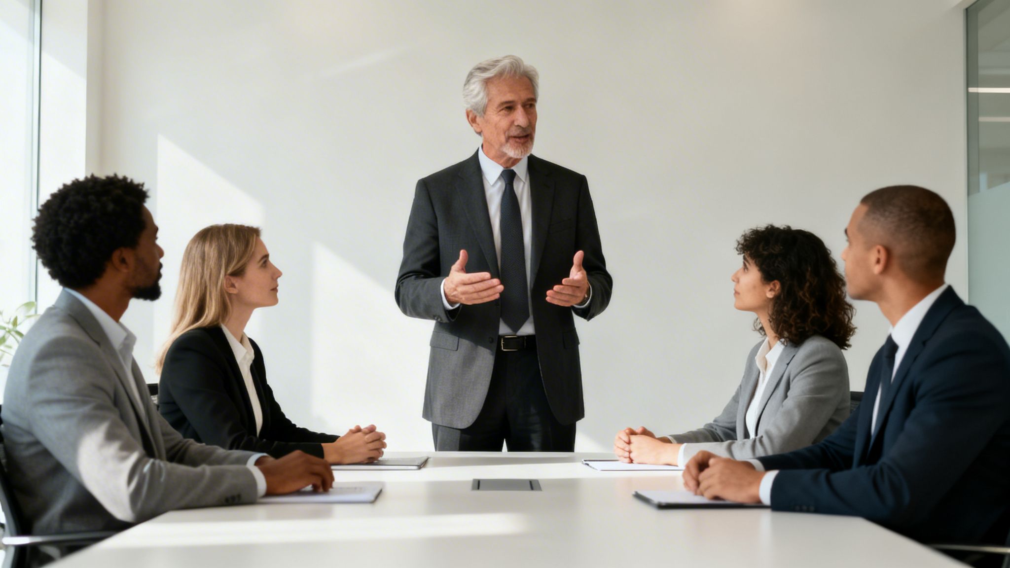 A diverse business team listens intently to their senior manager during a conference room presentation.