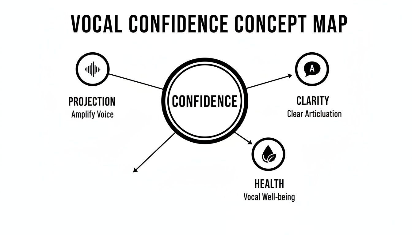 Vocal Confidence concept map showing connections to projection, clarity, and health.