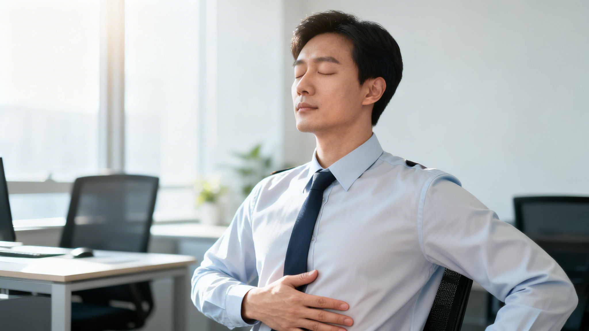 A man practices deep breathing or mindfulness in an office, eyes closed, hand on his stomach.