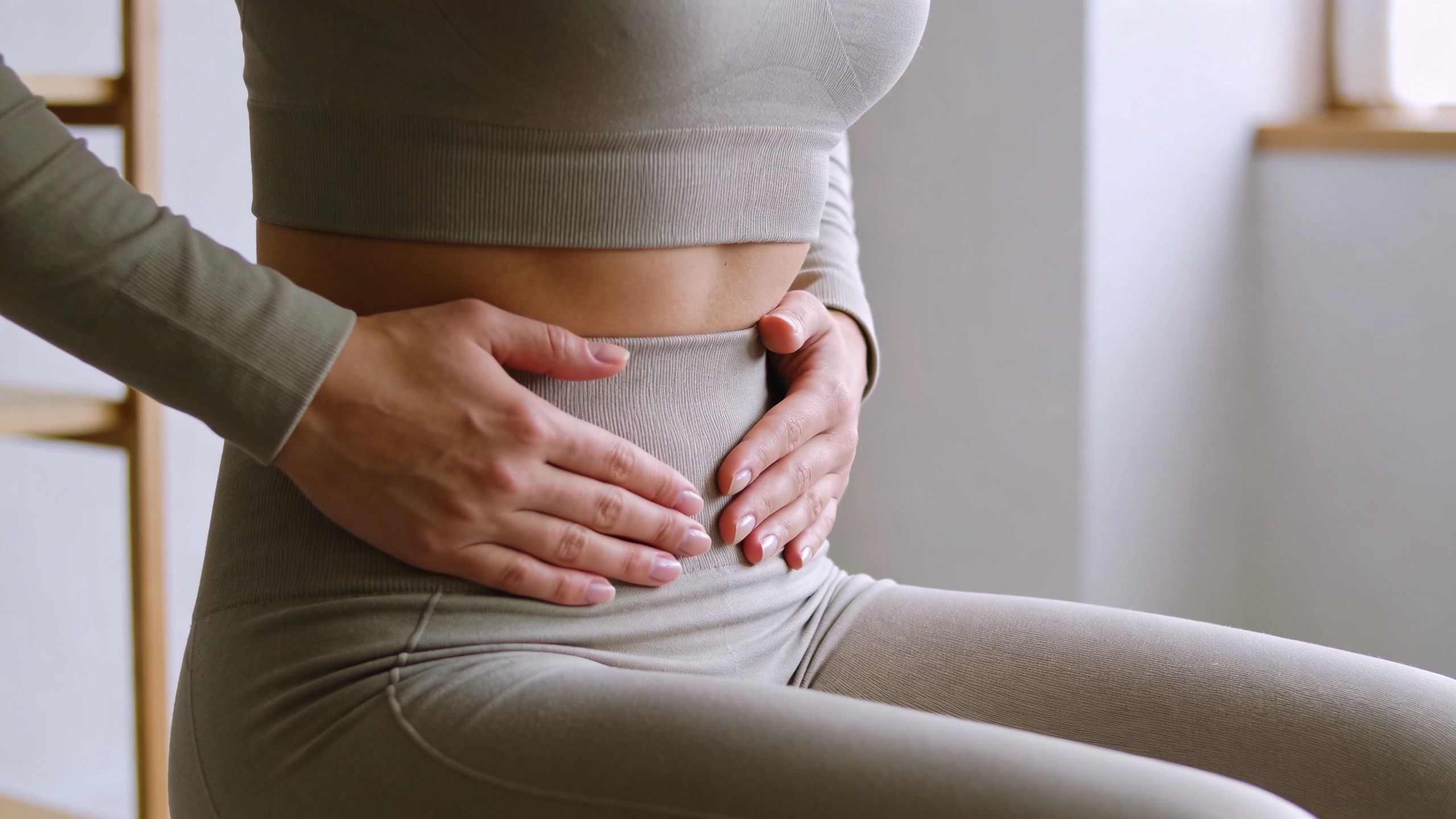 A woman in fitness clothes holding her abdomen, illustrating a concept related to vocal technique and breathing control.