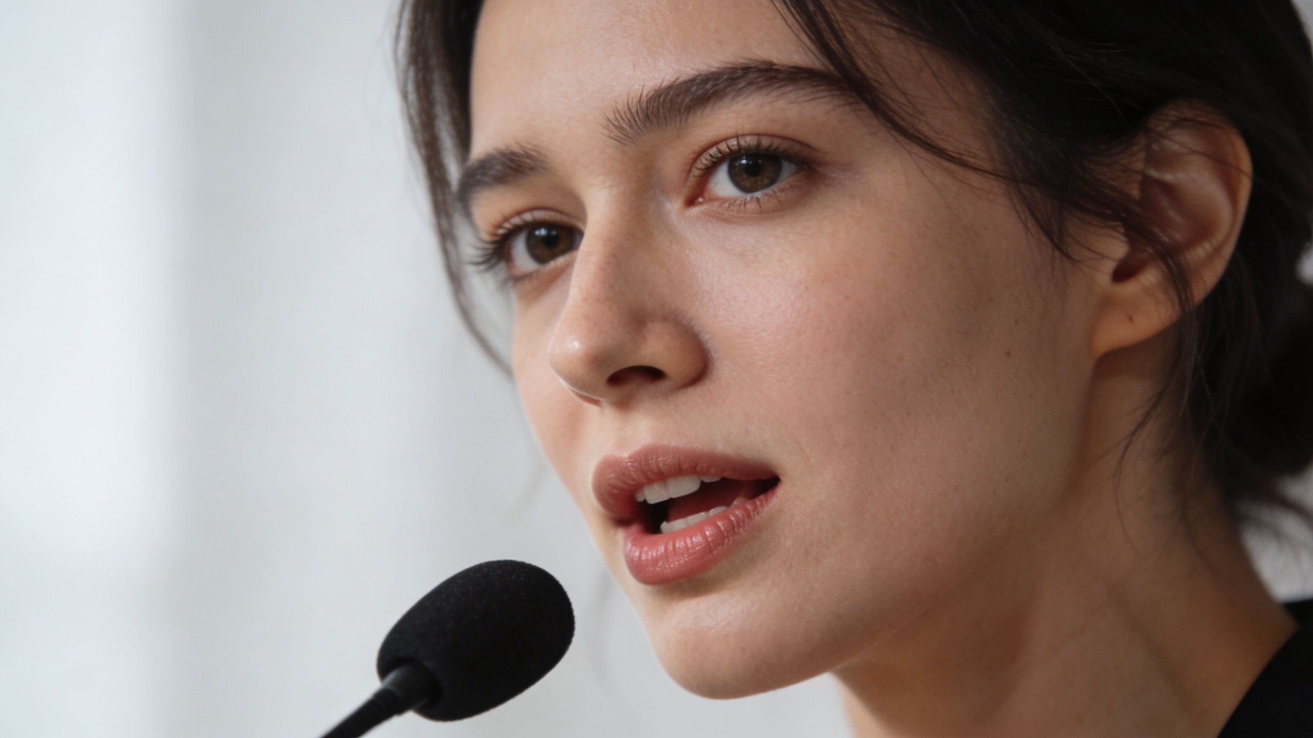 A close-up shot of a young woman speaking clearly into a professional microphone during a presentation.