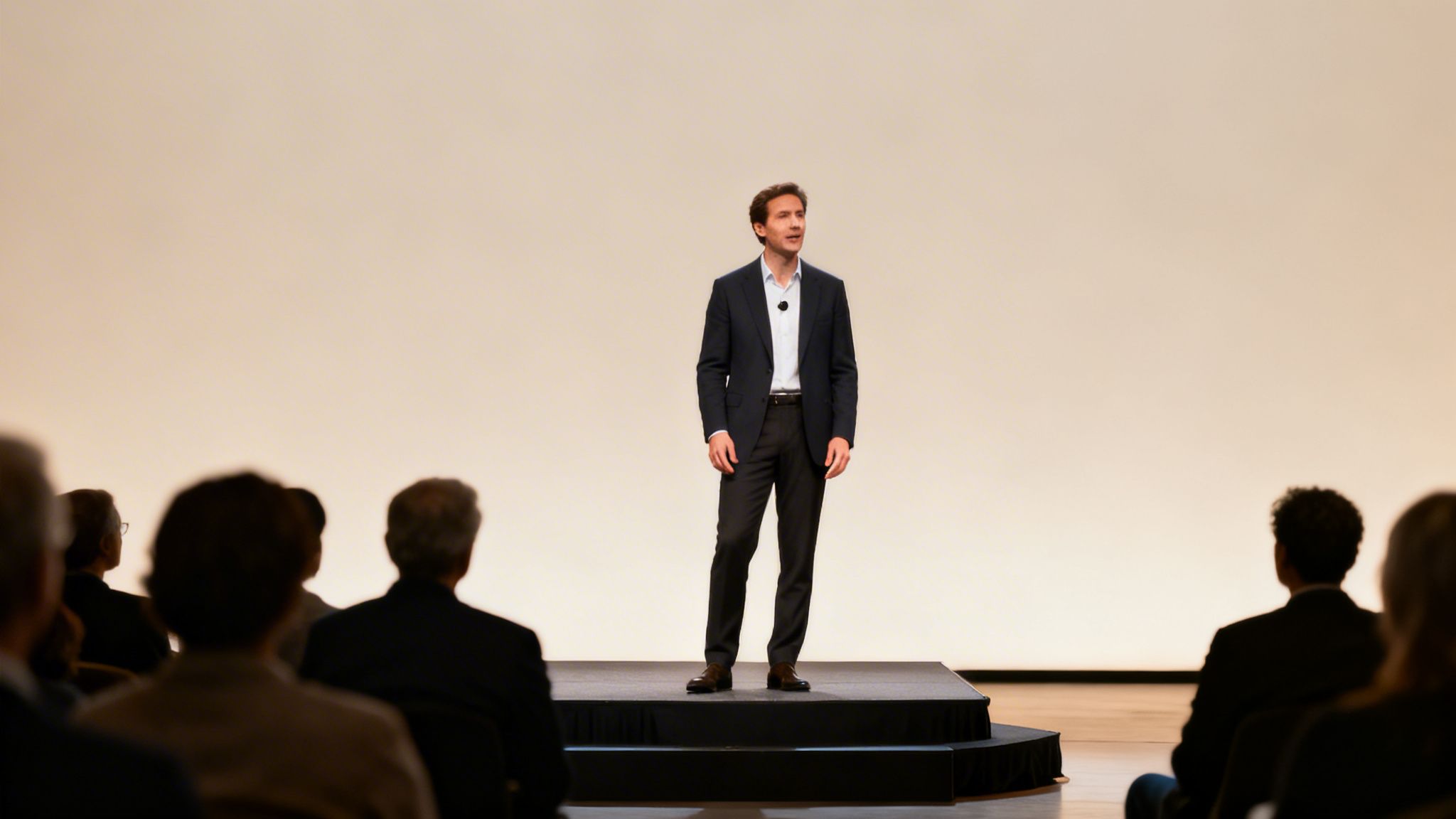 A man in a suit on a stage speaking to an audience during a presentation.